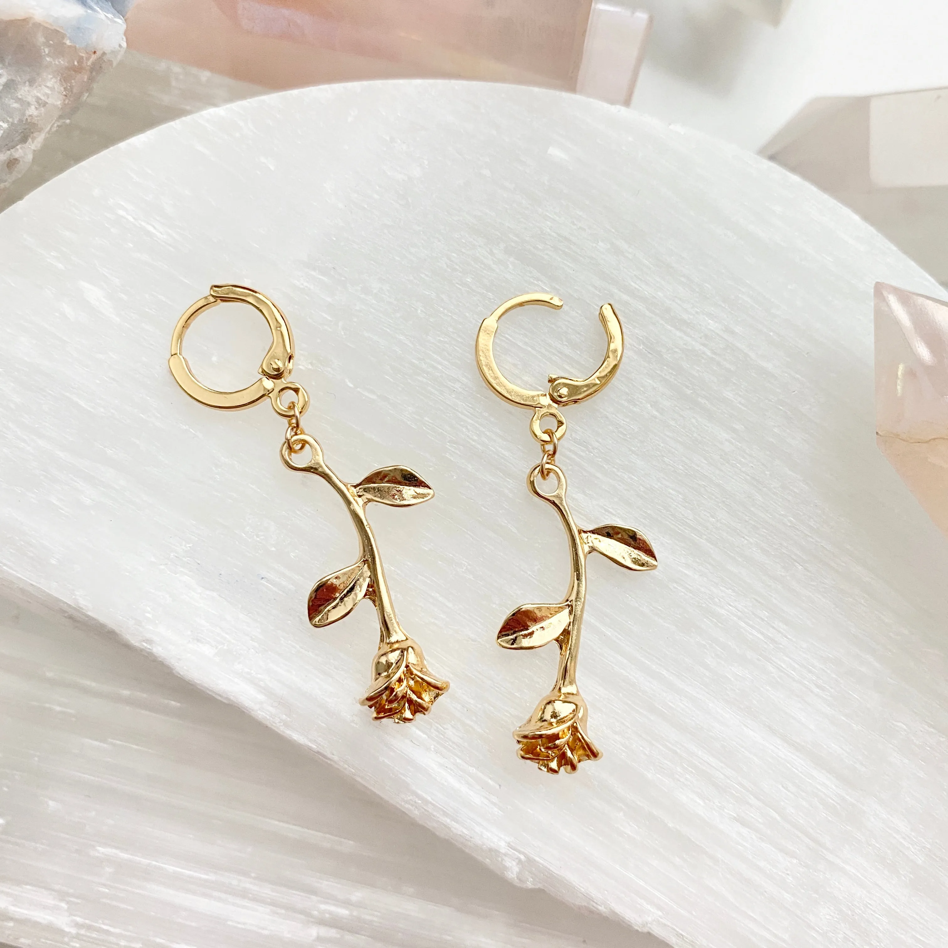 Long Stemmed Rose Huggie Hoops