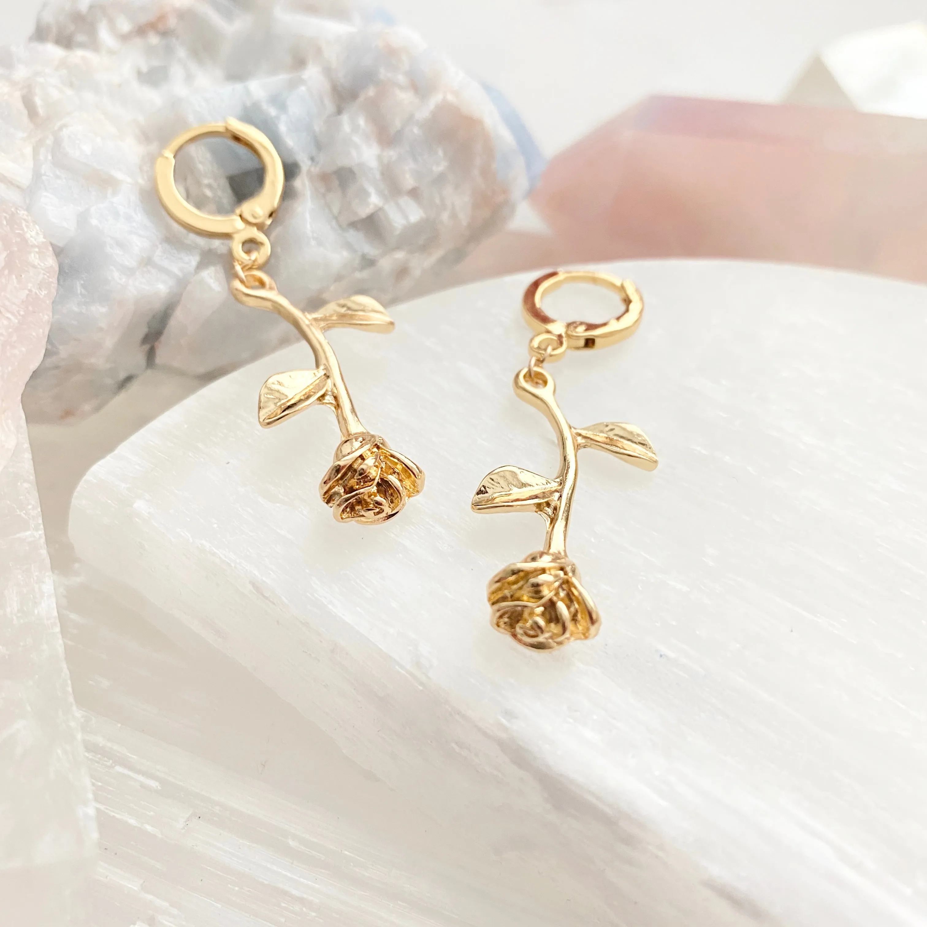 Long Stemmed Rose Huggie Hoops