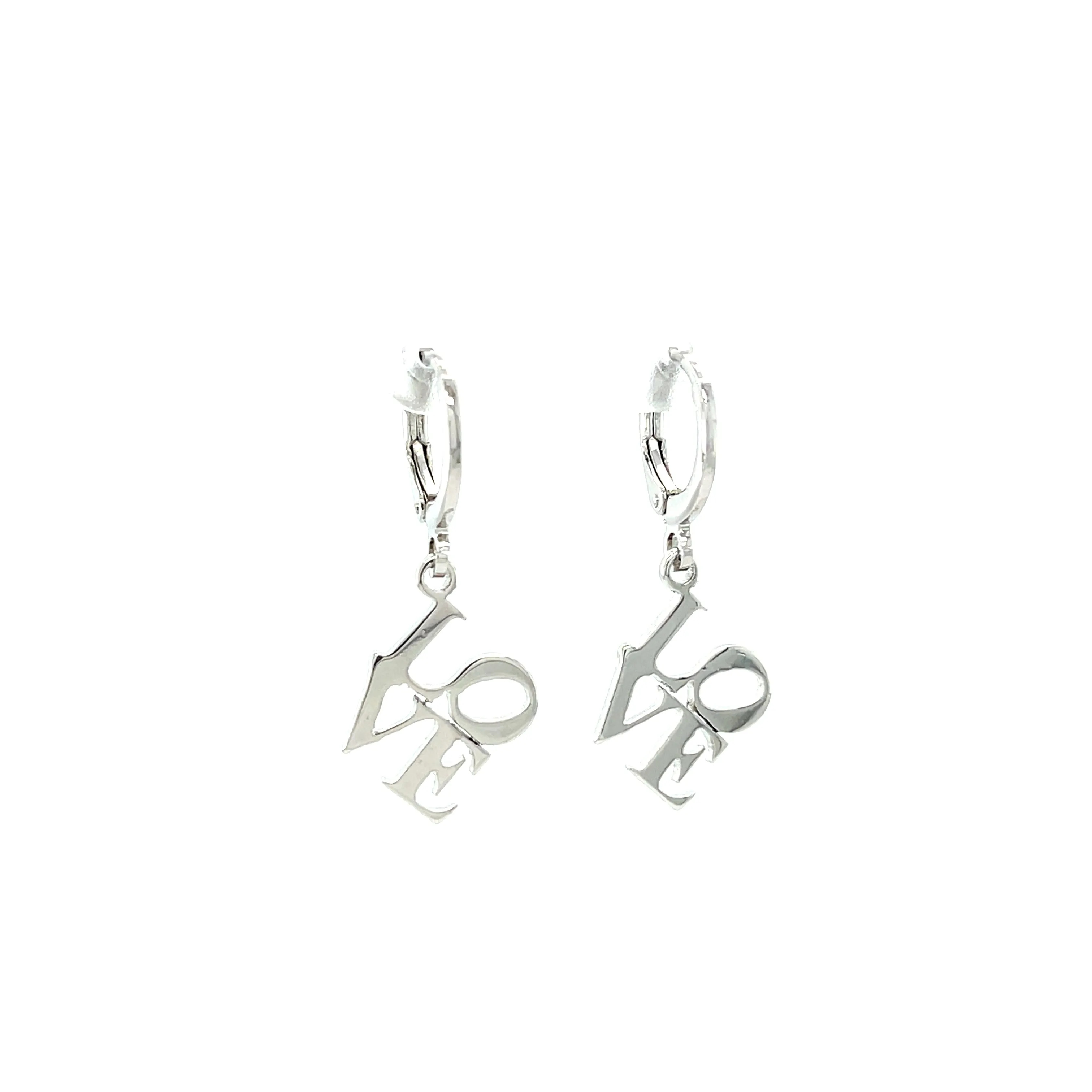 Love word Huggie drop earrings white Gold filled