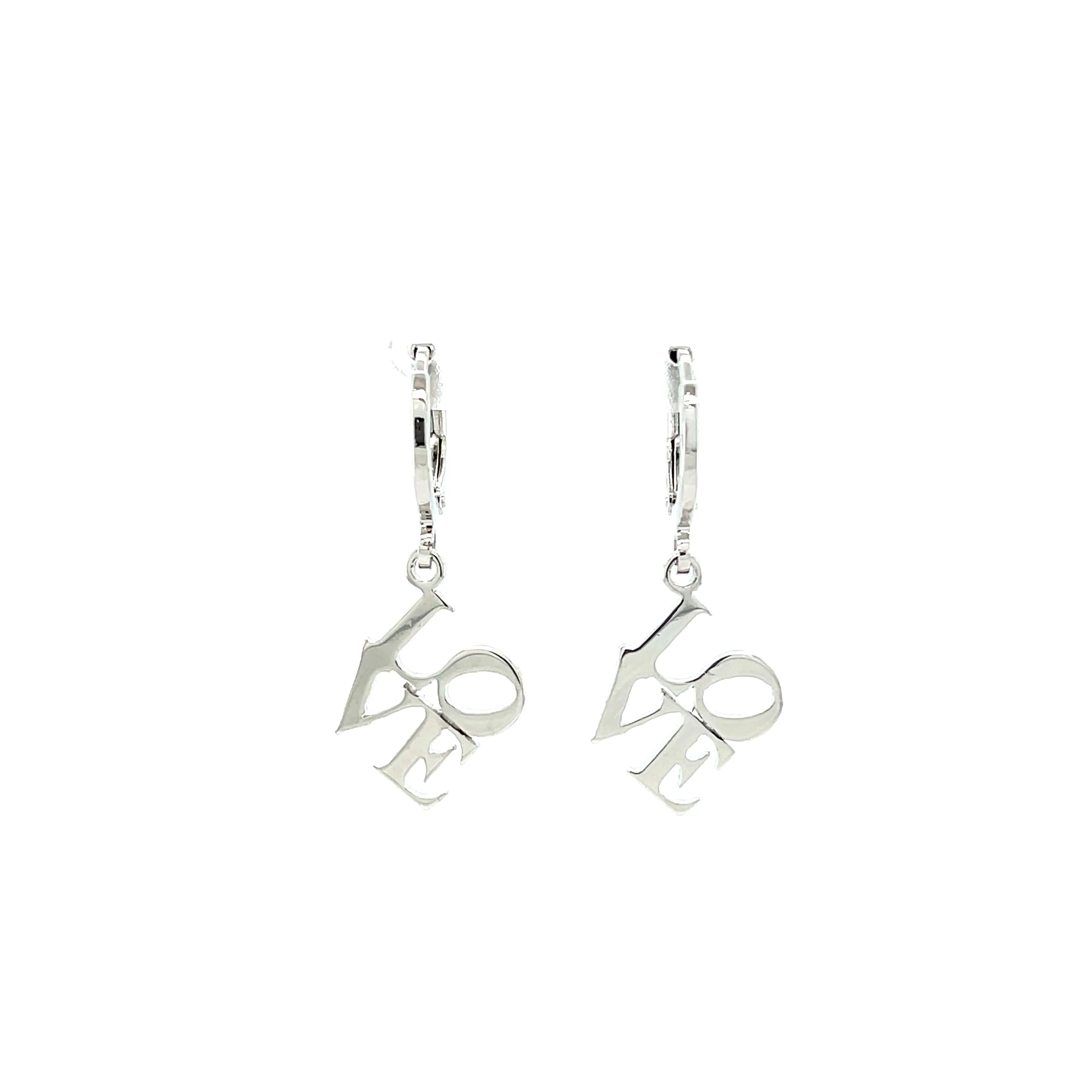 Love word Huggie drop earrings white Gold filled
