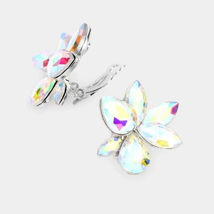 Marquise Teardrop Abalone Cluster Clip on Silver Earrings