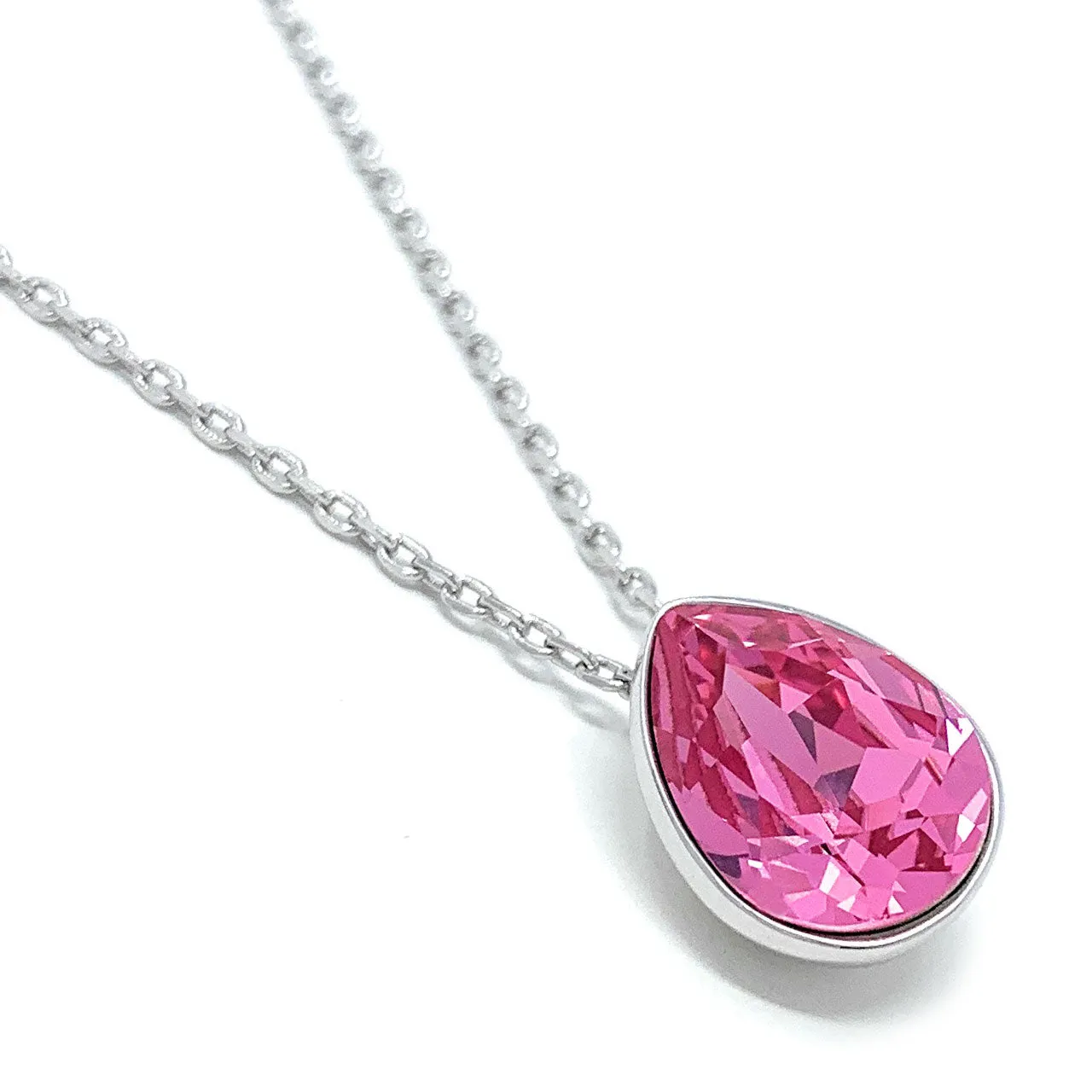 Mary Pendant Necklace with Pink Rose Drop Crystals from Swarovski Silver Toned Rhodium Plated