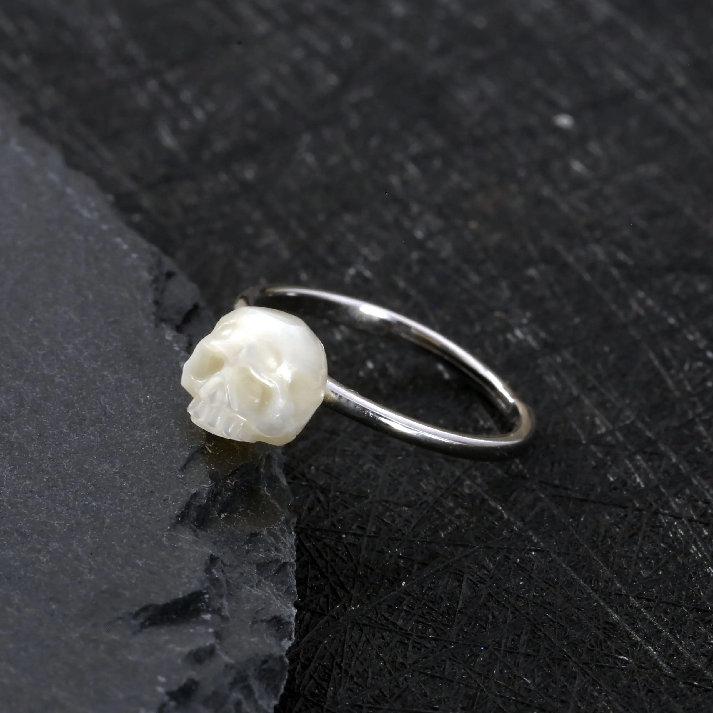 Minimalist Pearl Skull Solitaire Ring