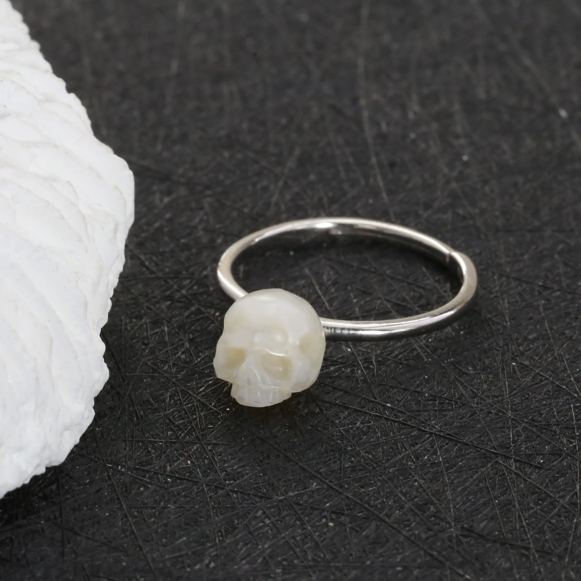 Minimalist Pearl Skull Solitaire Ring