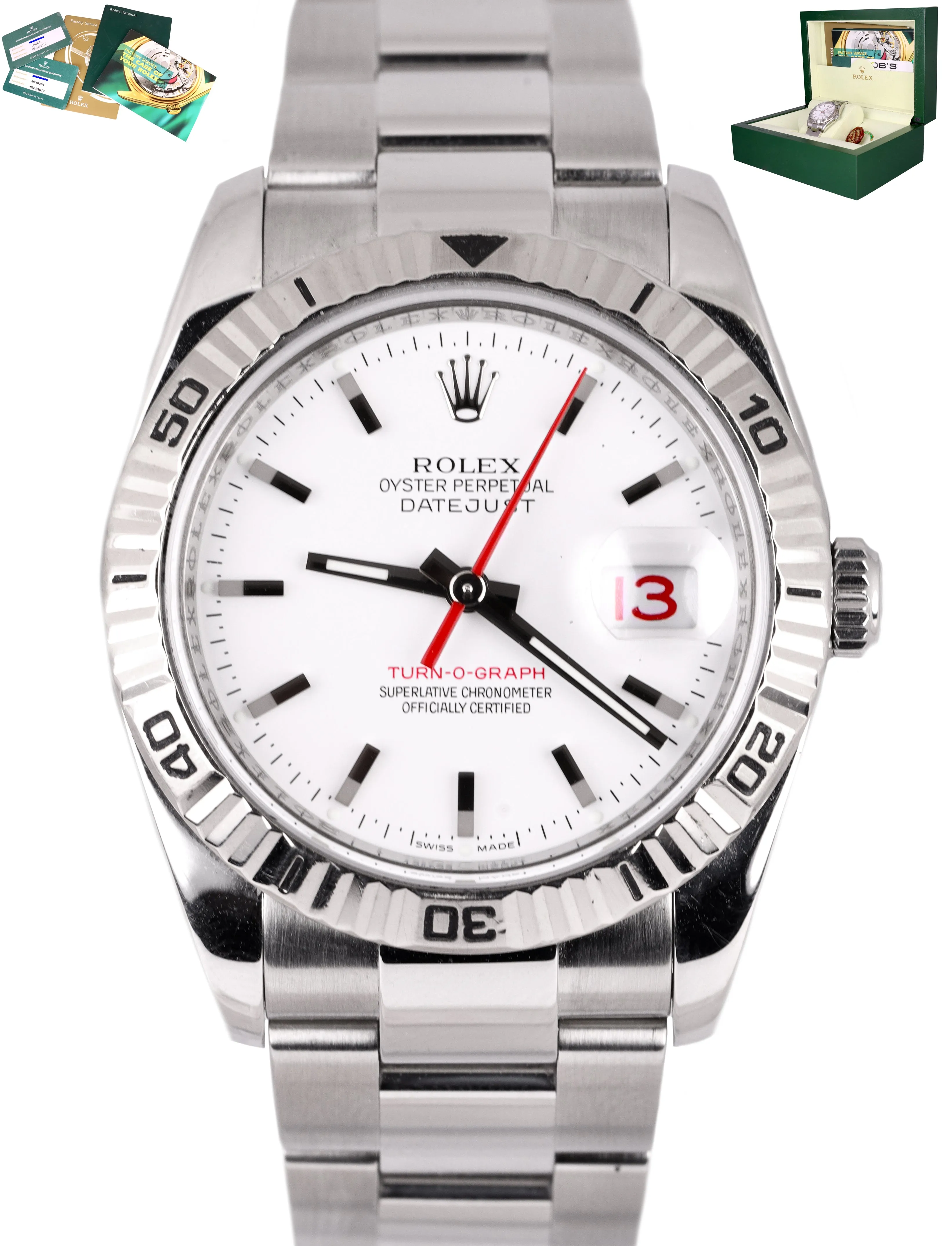MINT 2005 Rolex DateJust 116264 Turn-O-Graph REHAUT RSC Thunderbird White Oyster