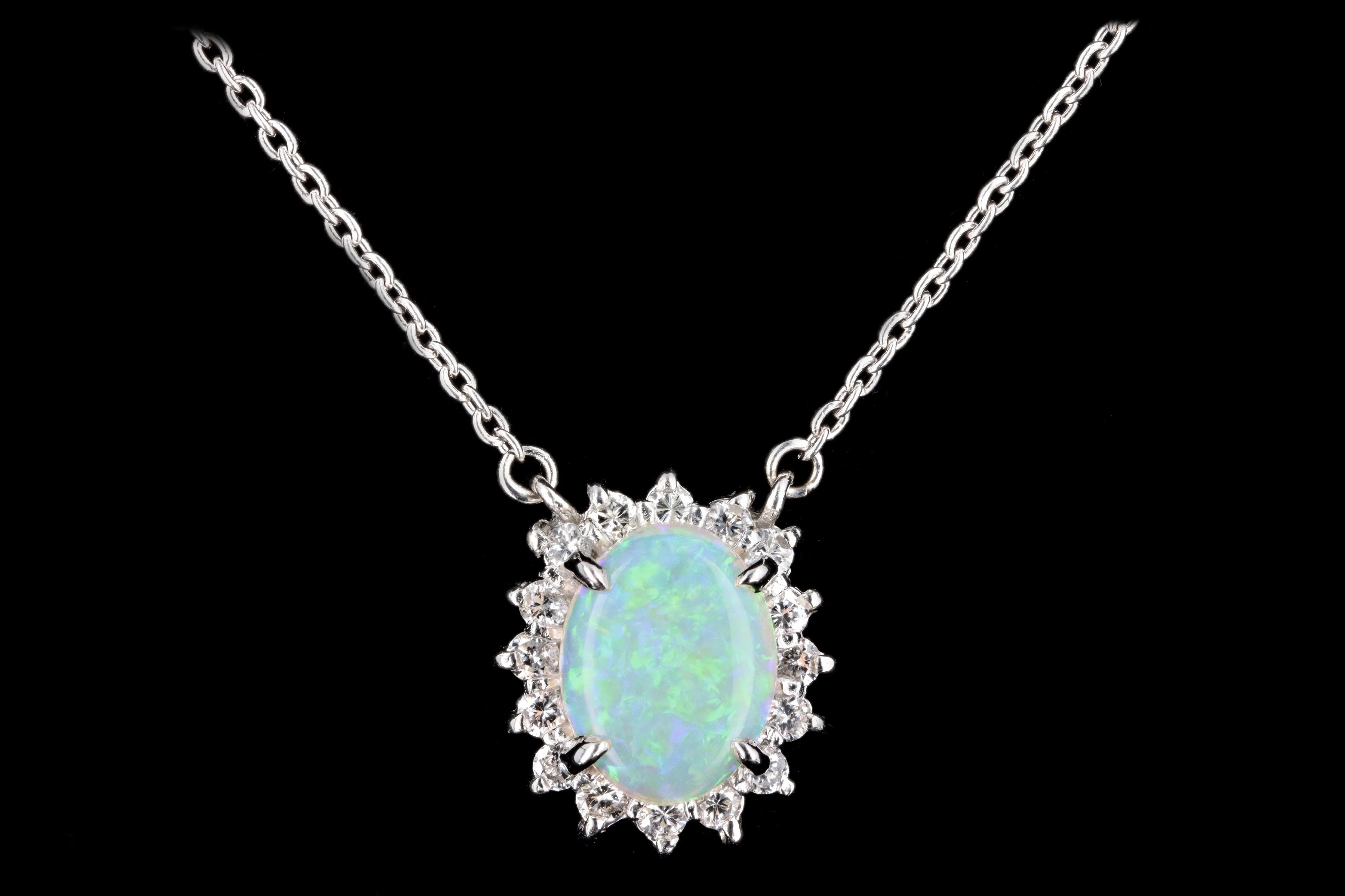 Modern Platinum .87 Carat Opal & Diamond Pendant Necklace