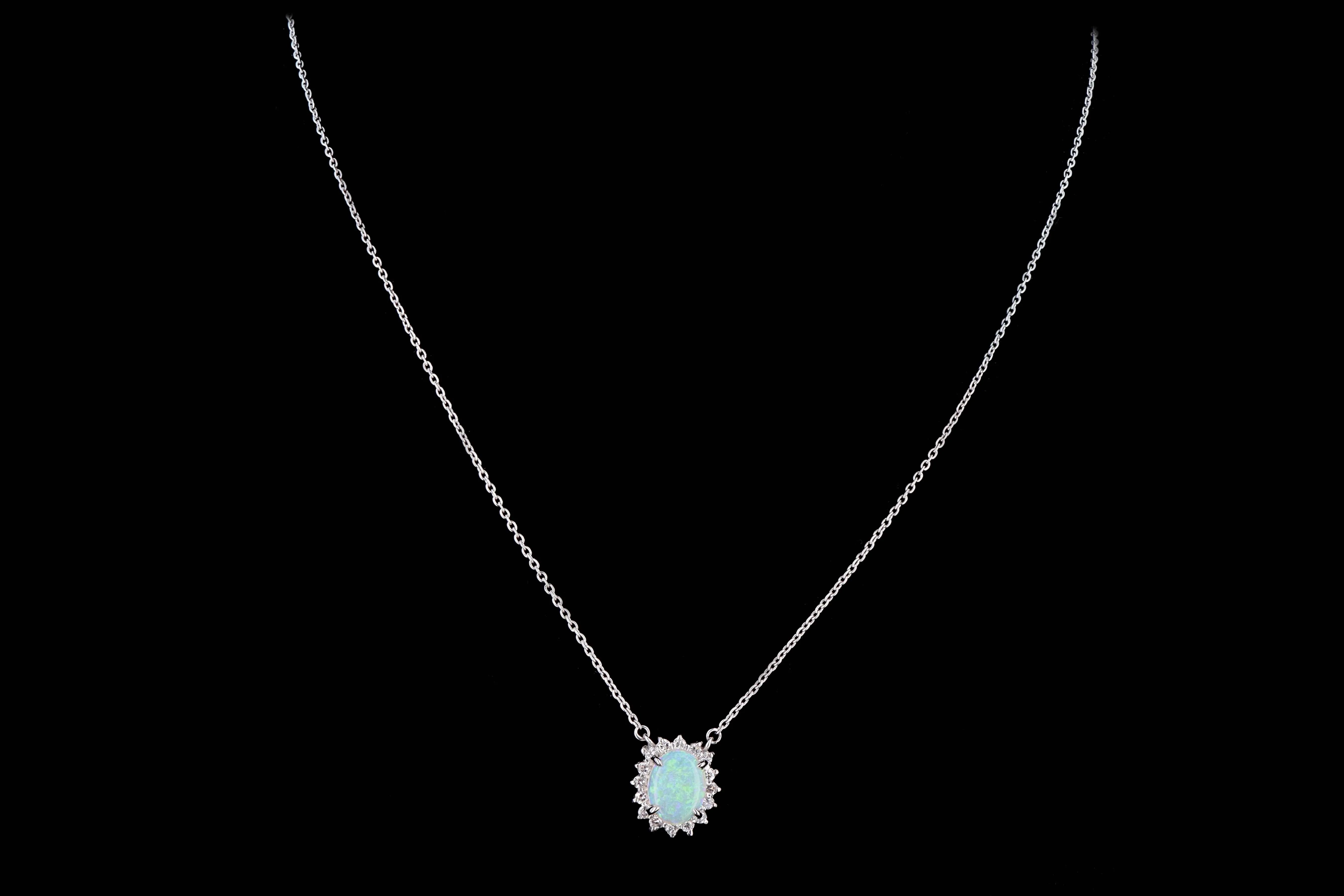 Modern Platinum .87 Carat Opal & Diamond Pendant Necklace