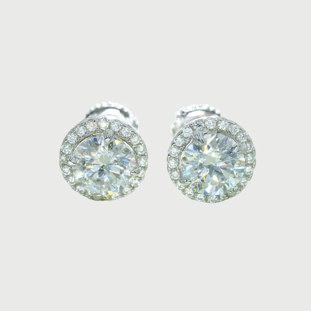 Moissanite Diamond Halo Sterling Silver Earrings in Yellow/White Gold