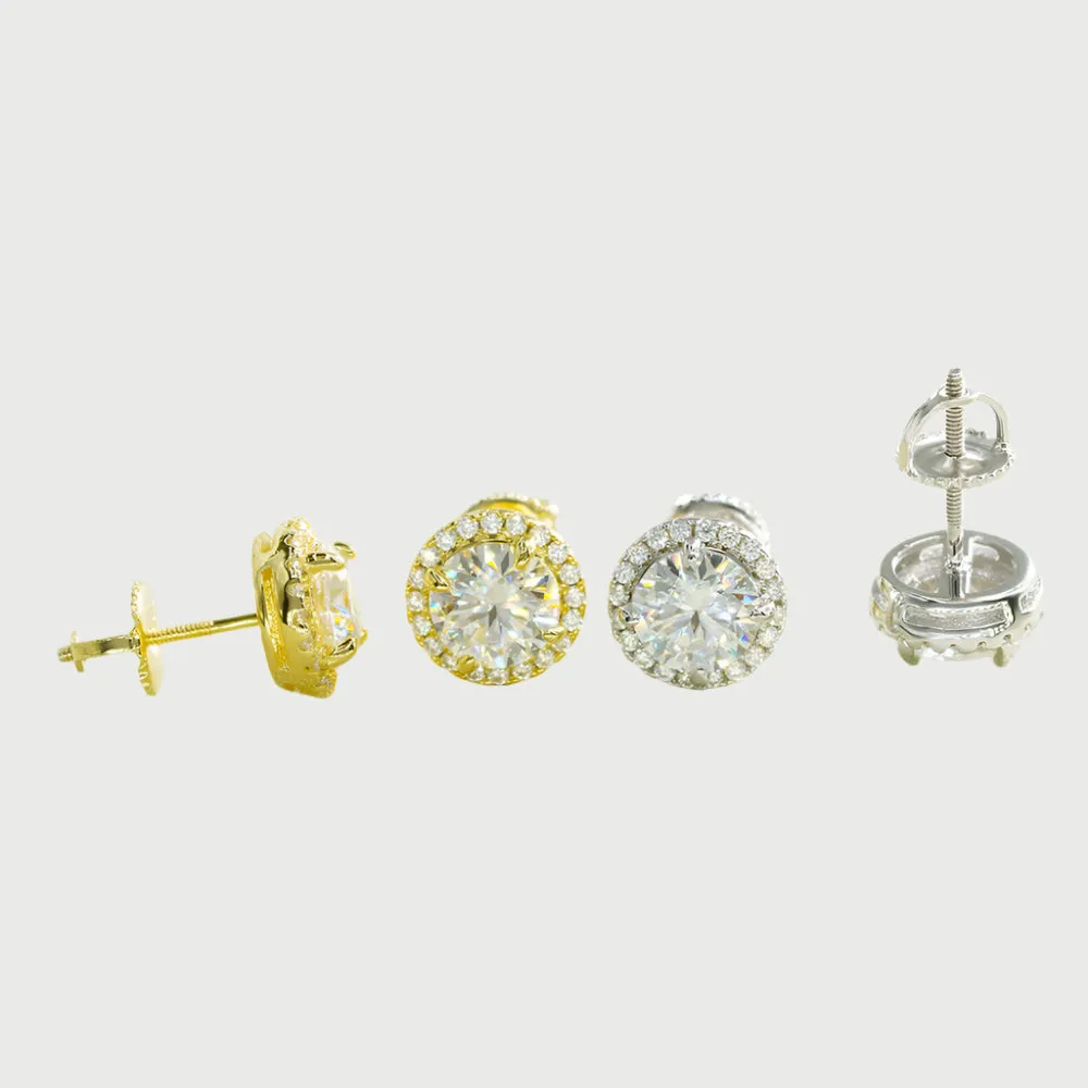 Moissanite Diamond Halo Sterling Silver Earrings in Yellow/White Gold
