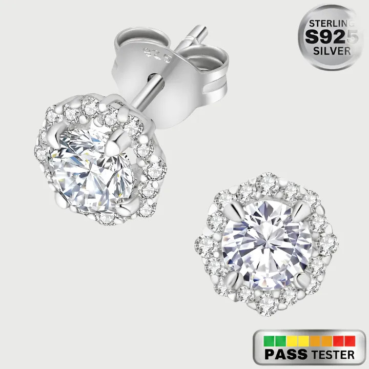 Moissanite Diamond Halo Sterling Silver Earrings in Yellow/White Gold