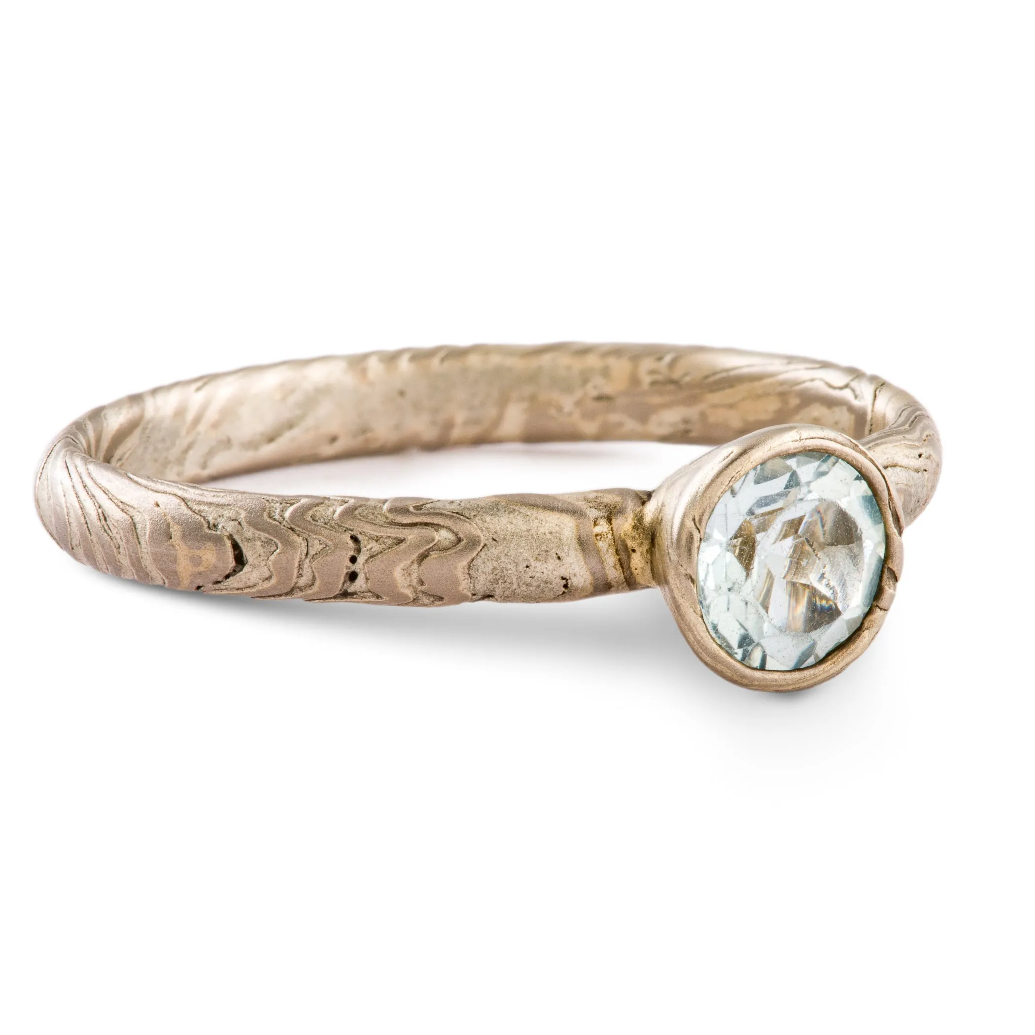Mokume Gane Engagement Ring in Ash Palette with Sky Blue Topaz SHIPS TODAY