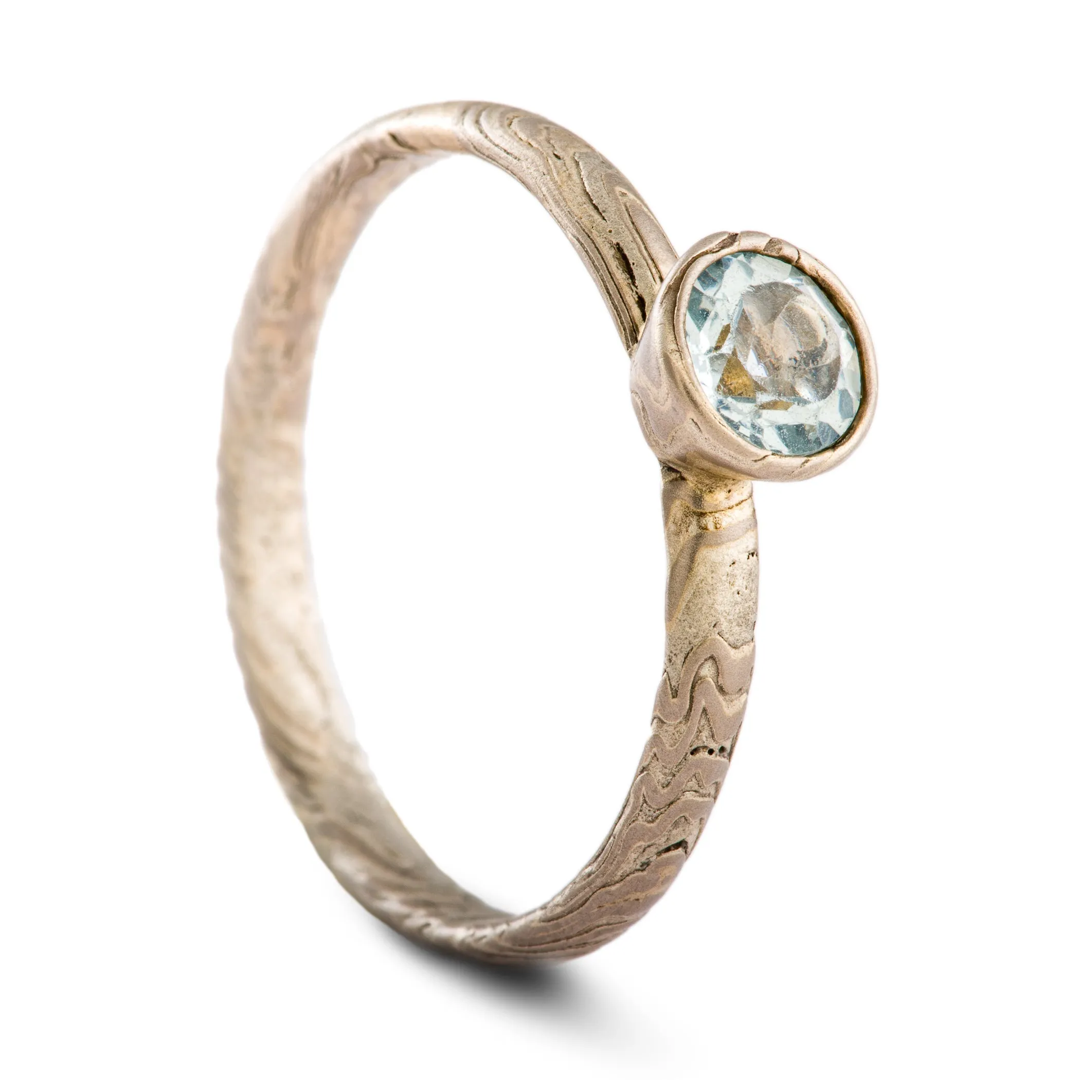 Mokume Gane Engagement Ring in Ash Palette with Sky Blue Topaz SHIPS TODAY