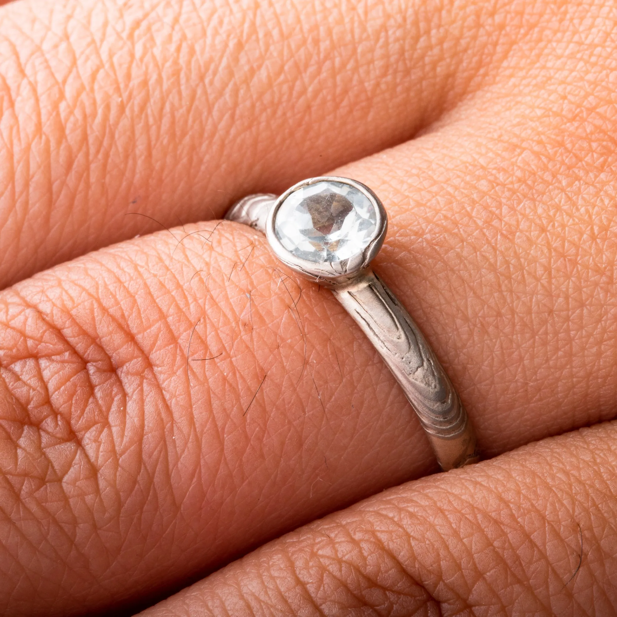Mokume Gane Engagement Ring in Ash Palette with Sky Blue Topaz SHIPS TODAY