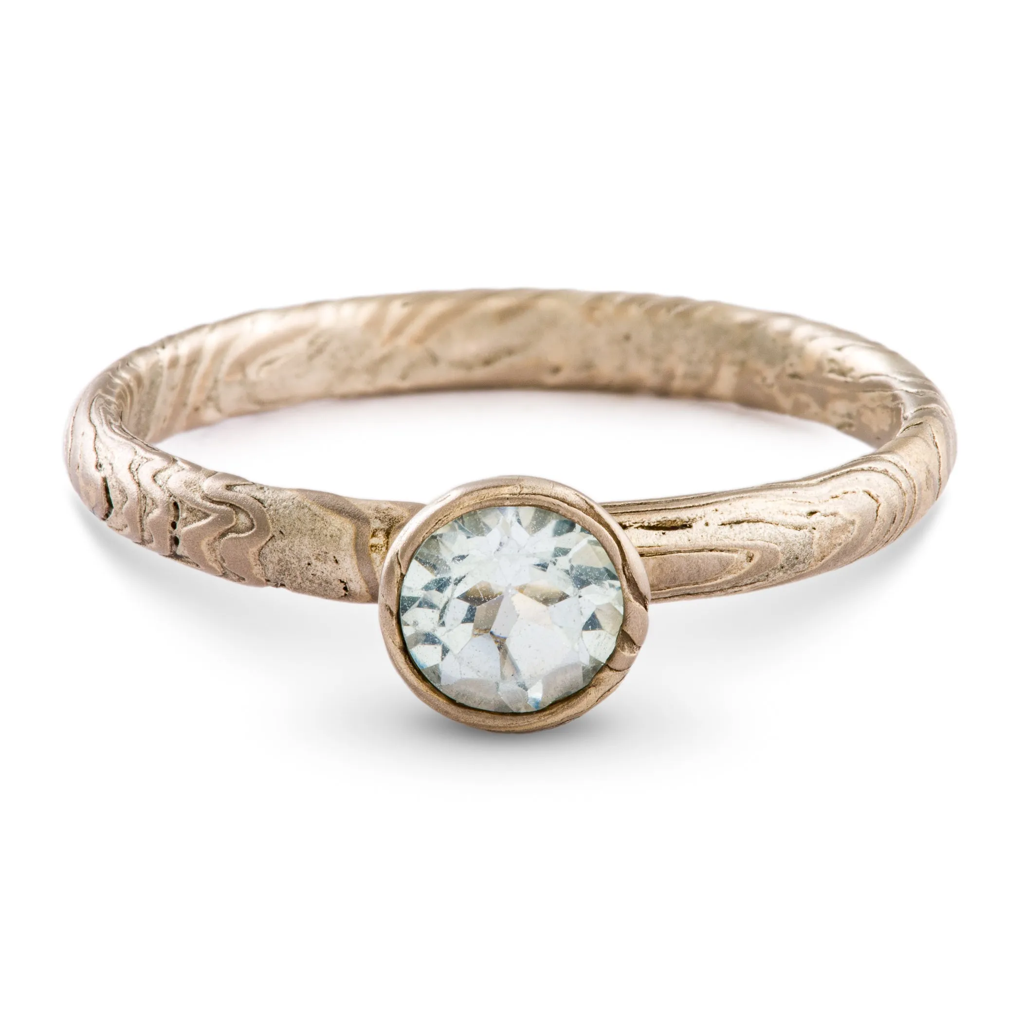 Mokume Gane Engagement Ring in Ash Palette with Sky Blue Topaz SHIPS TODAY