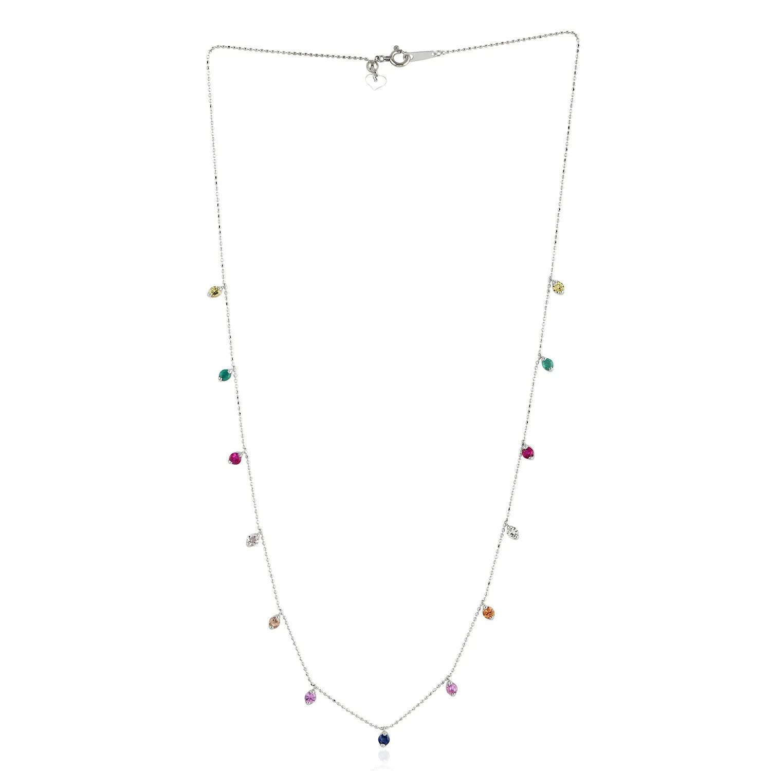 Multi Sapphire Prong Ruby Emerald Gemstone Princess Necklace In White Gold For Her