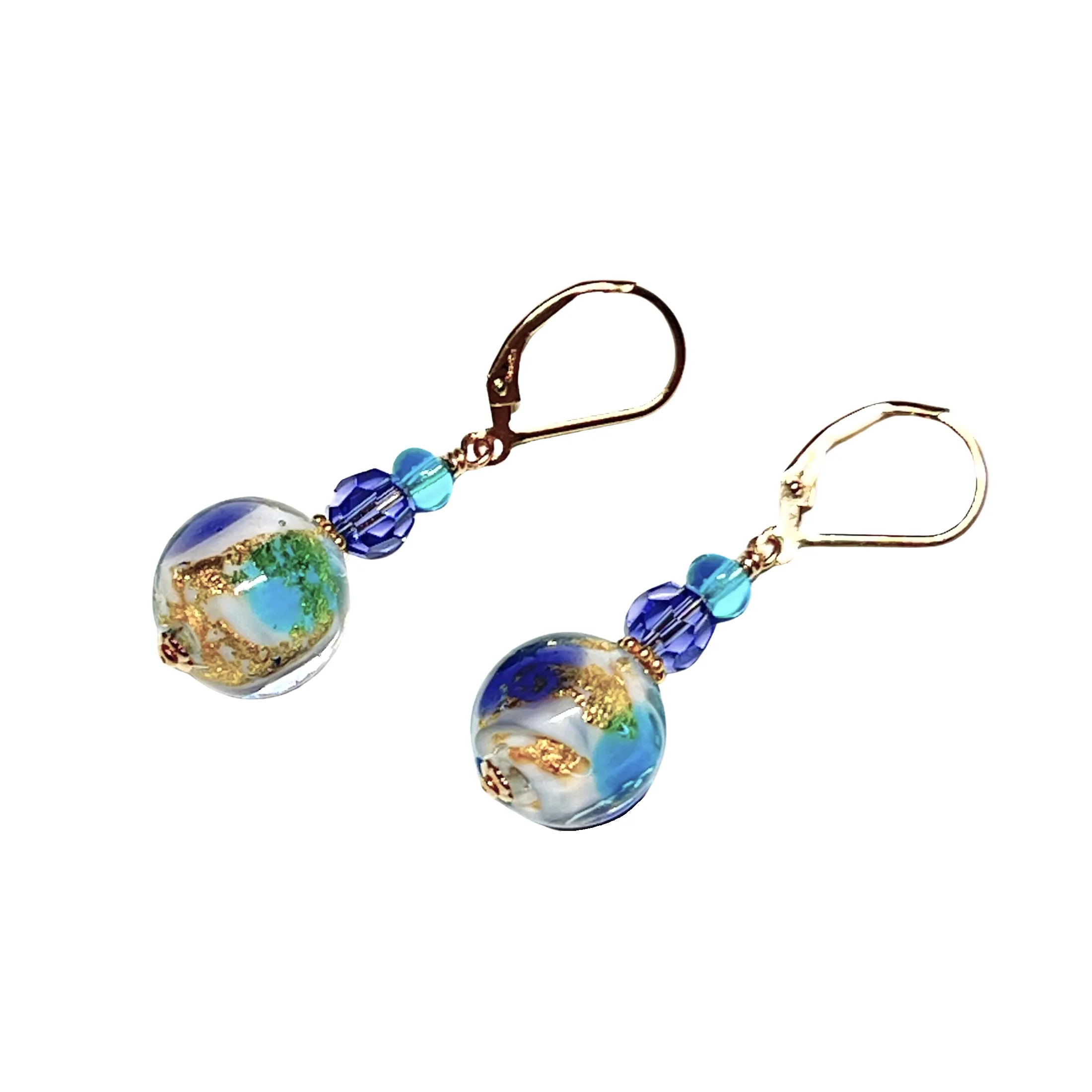 Murano Glass Aqua Plum Gold Earrings with 12mm Beads