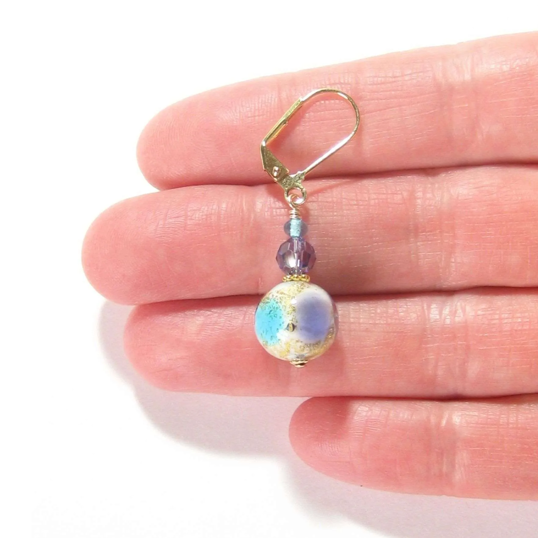 Murano Glass Aqua Plum Gold Earrings with 12mm Beads