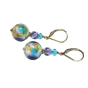 Murano Glass Aqua Plum Gold Earrings with 12mm Beads