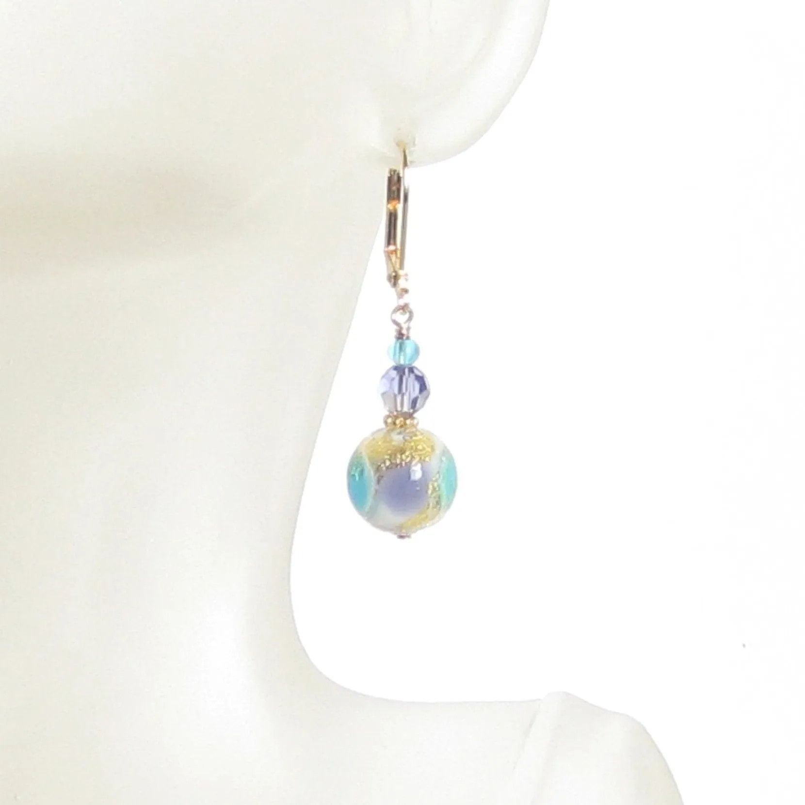 Murano Glass Aqua Plum Gold Earrings with 12mm Beads