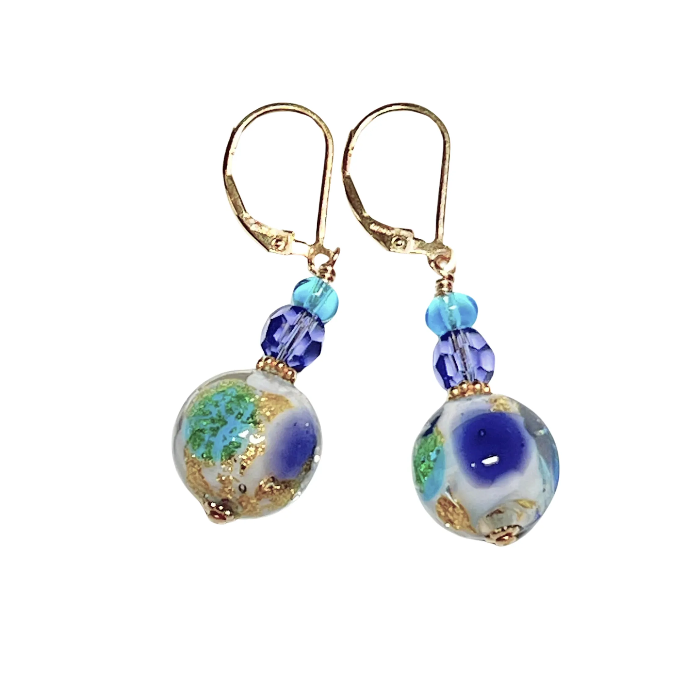 Murano Glass Aqua Plum Gold Earrings with 12mm Beads