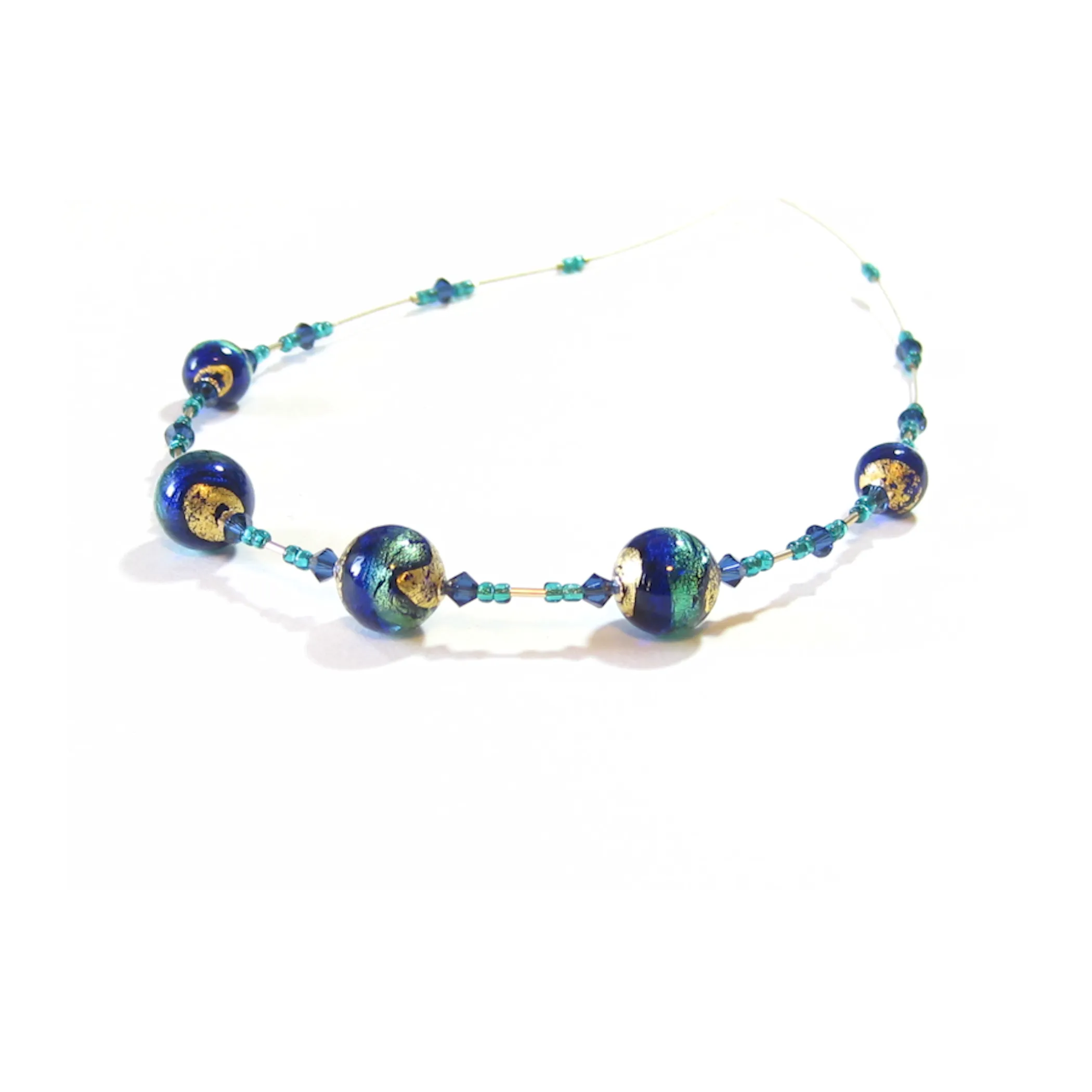 Murano Glass Cobalt Blue Aqua Ball Gold Necklace