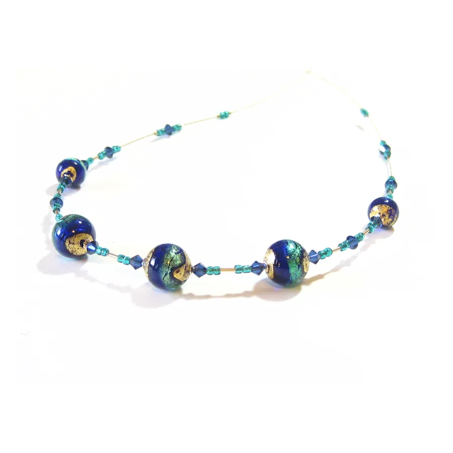 Murano Glass Cobalt Blue Aqua Ball Gold Necklace