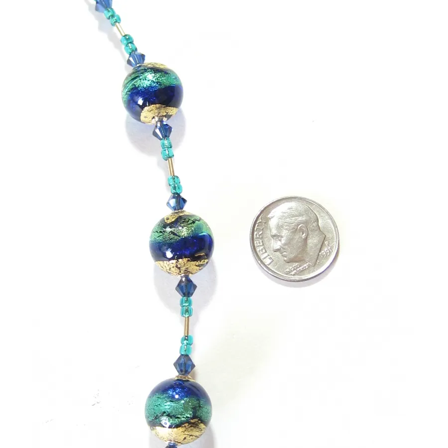 Murano Glass Cobalt Blue Aqua Ball Gold Necklace