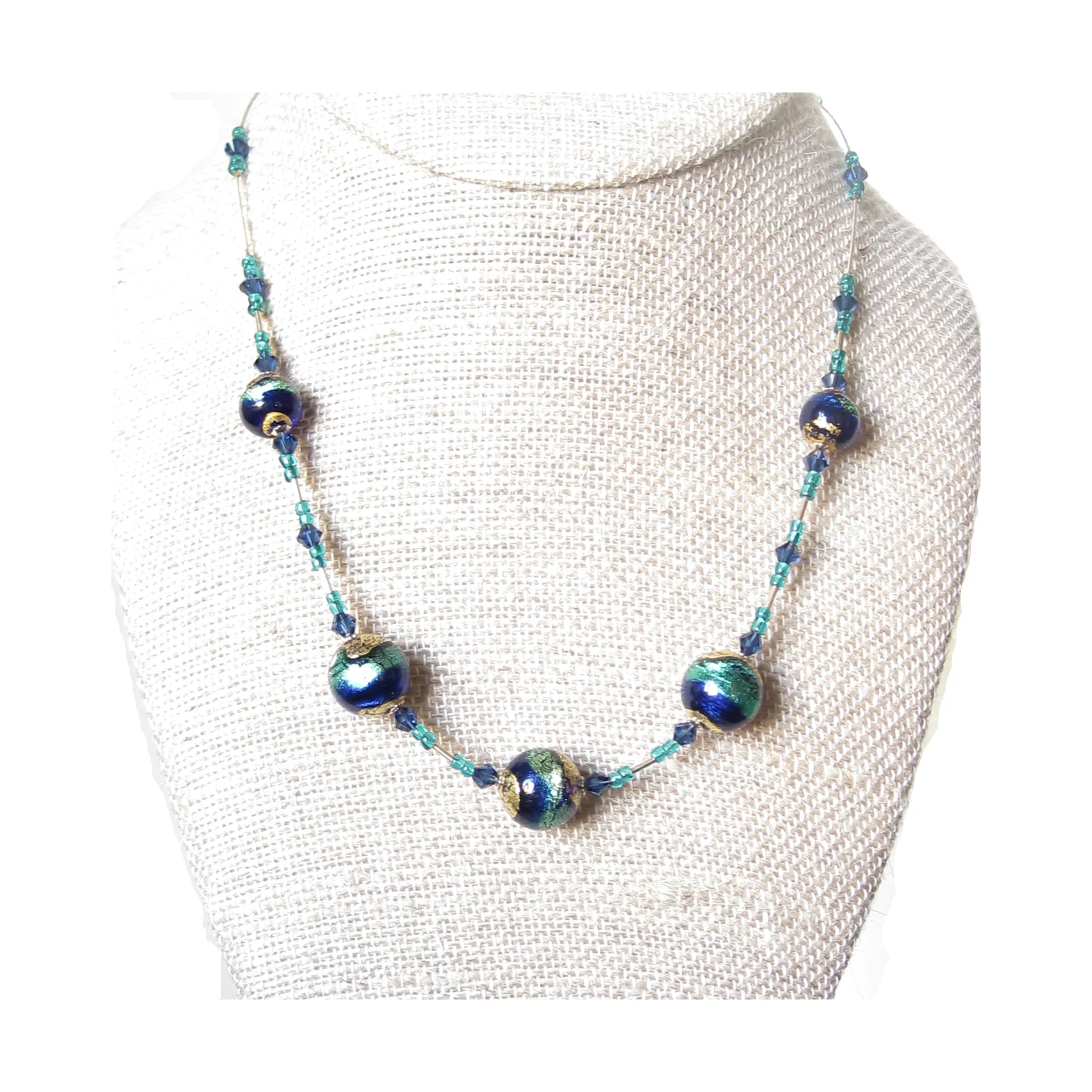 Murano Glass Cobalt Blue Aqua Ball Gold Necklace