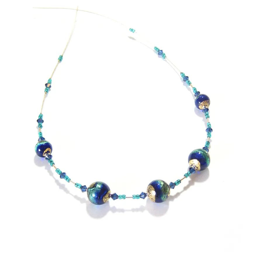 Murano Glass Cobalt Blue Aqua Ball Gold Necklace