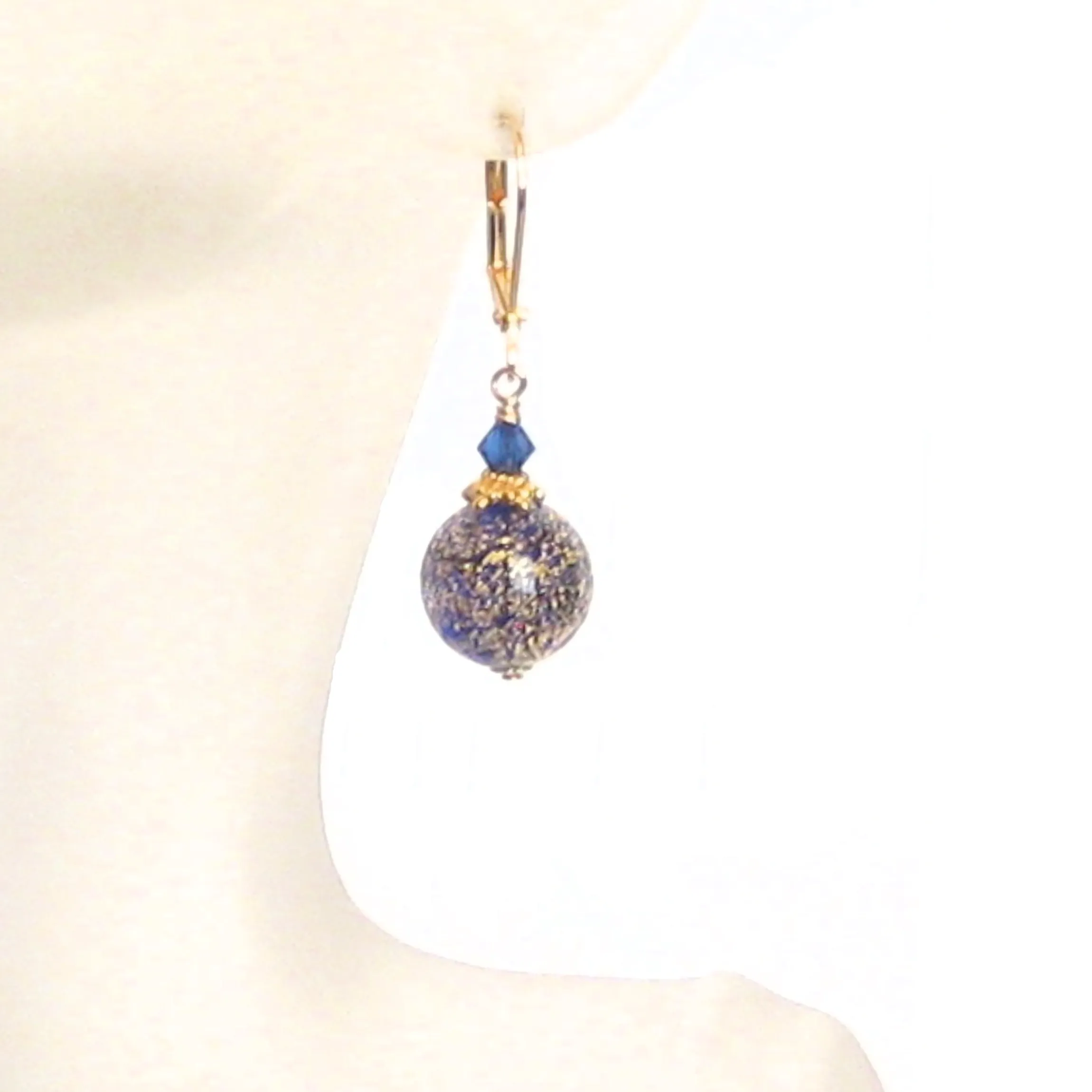 Murano Glass Cobalt Blue Ball Gold Earrings by JKC Murano