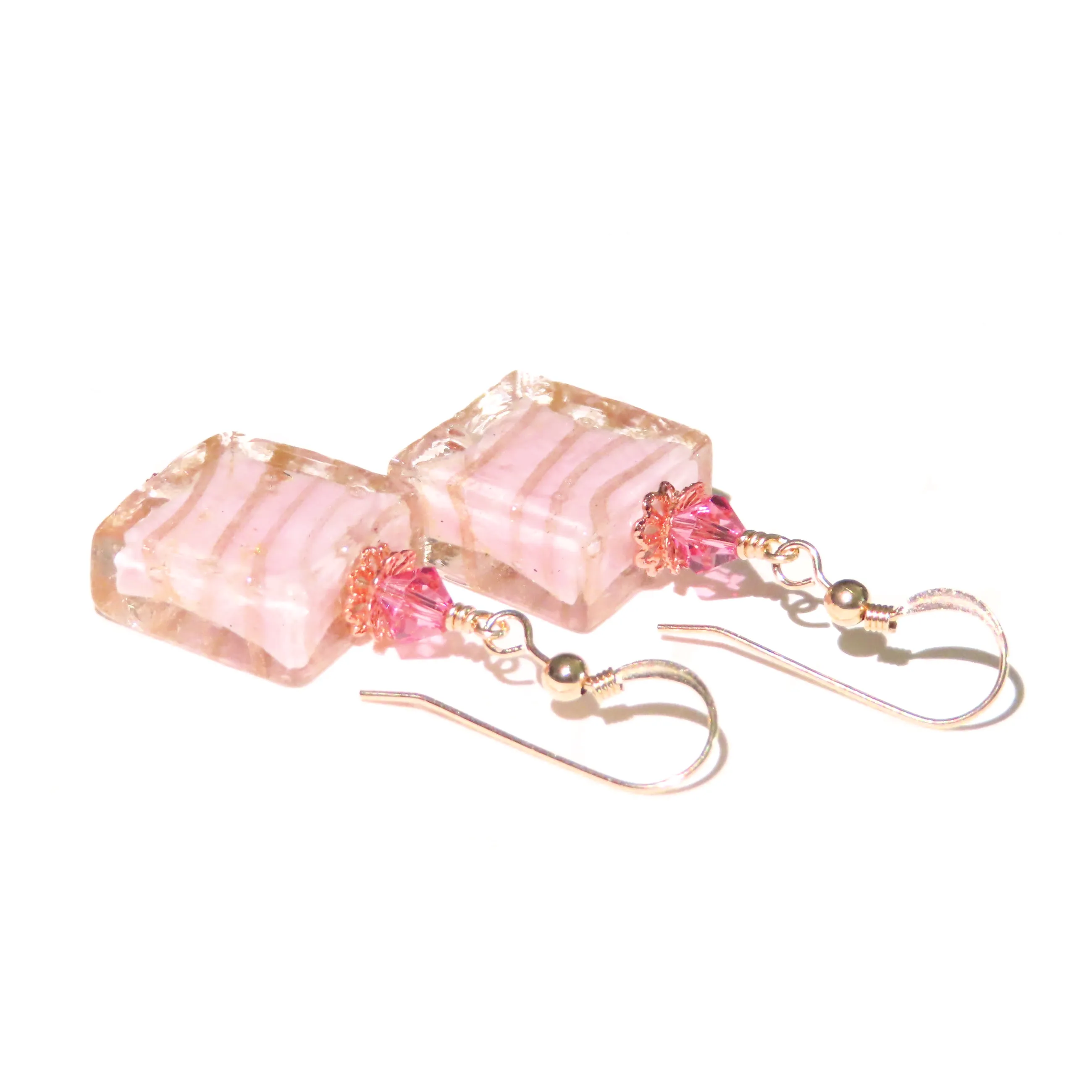 Murano Pink Copper Stripe Square Gold Earrings - Handcrafted Italian Glass Jewelry