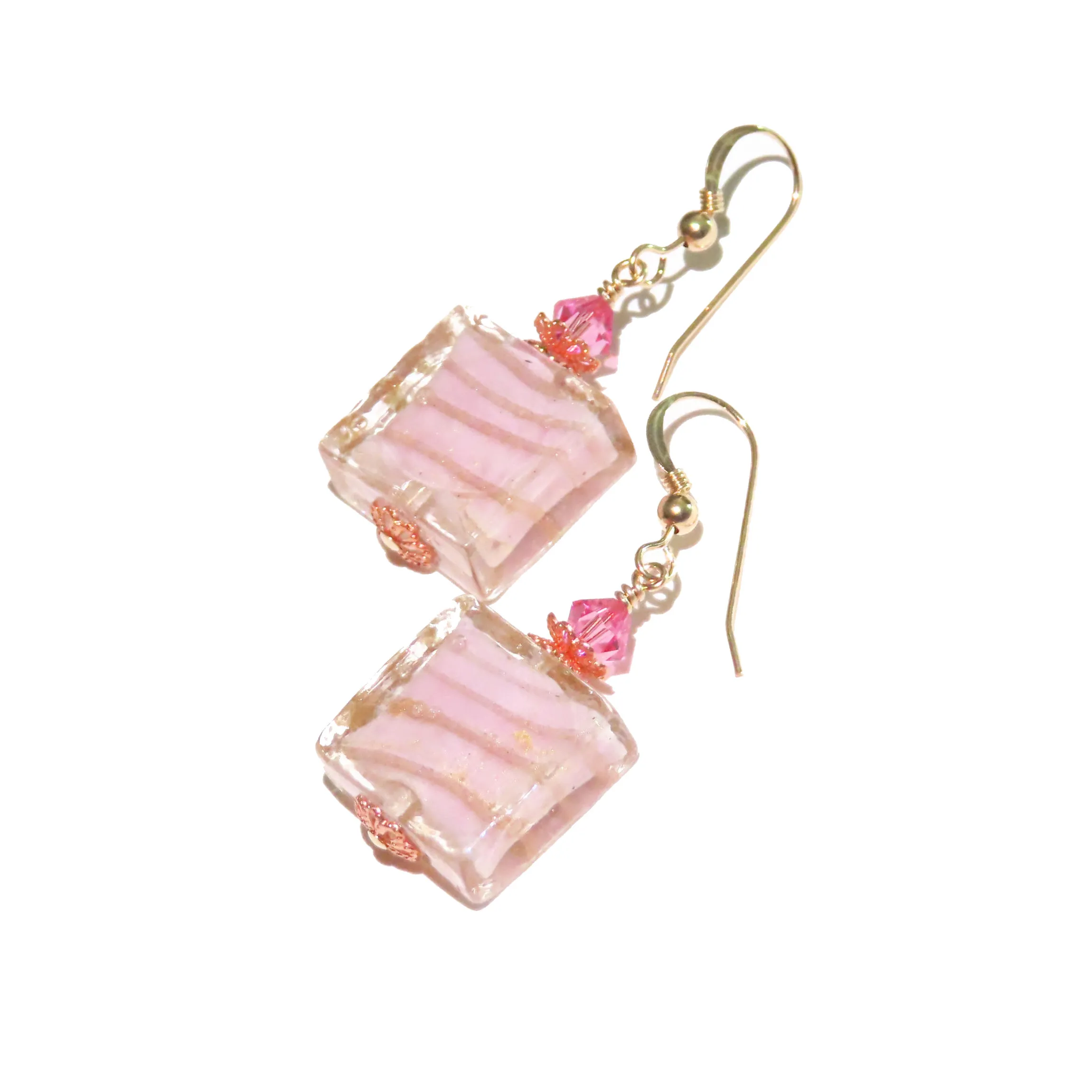 Murano Pink Copper Stripe Square Gold Earrings - Handcrafted Italian Glass Jewelry