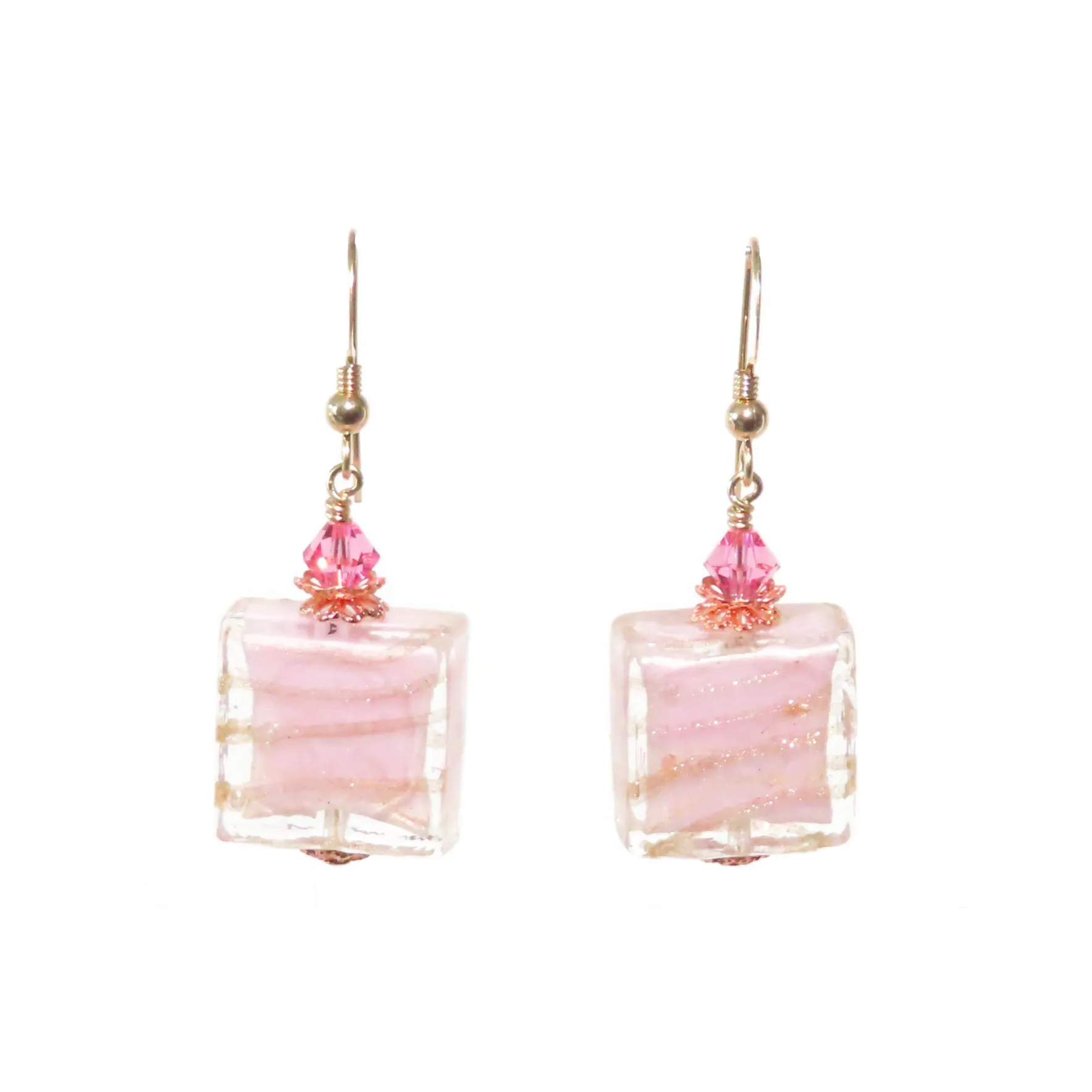 Murano Pink Copper Stripe Square Gold Earrings - Handcrafted Italian Glass Jewelry