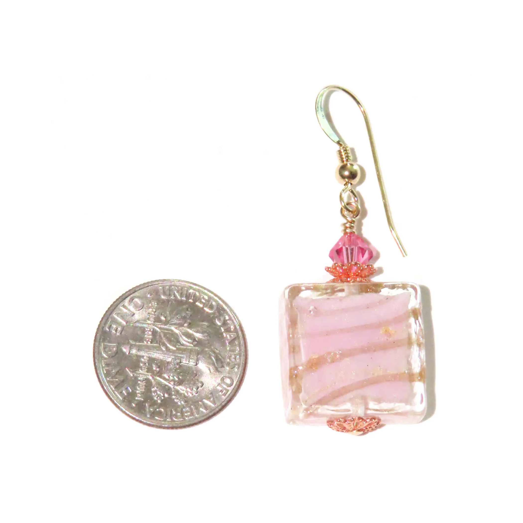 Murano Pink Copper Stripe Square Gold Earrings - Handcrafted Italian Glass Jewelry