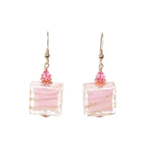 Murano Pink Copper Stripe Square Gold Earrings - Handcrafted Italian Glass Jewelry