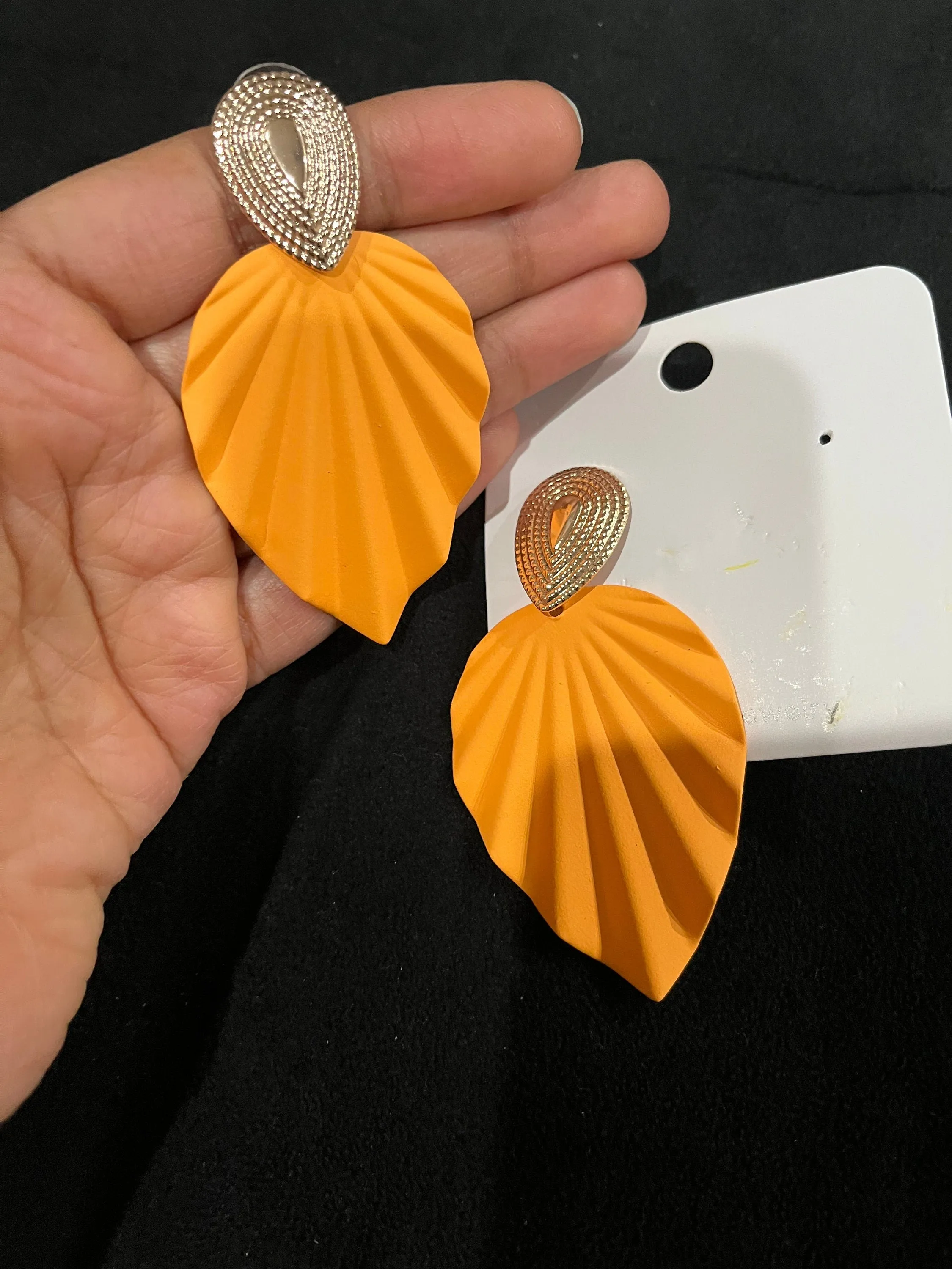 Mustard yellow earrings, large orange  leaf earrings, mustard prom earrings, pageant earrings, boho big yellow mustard earrings