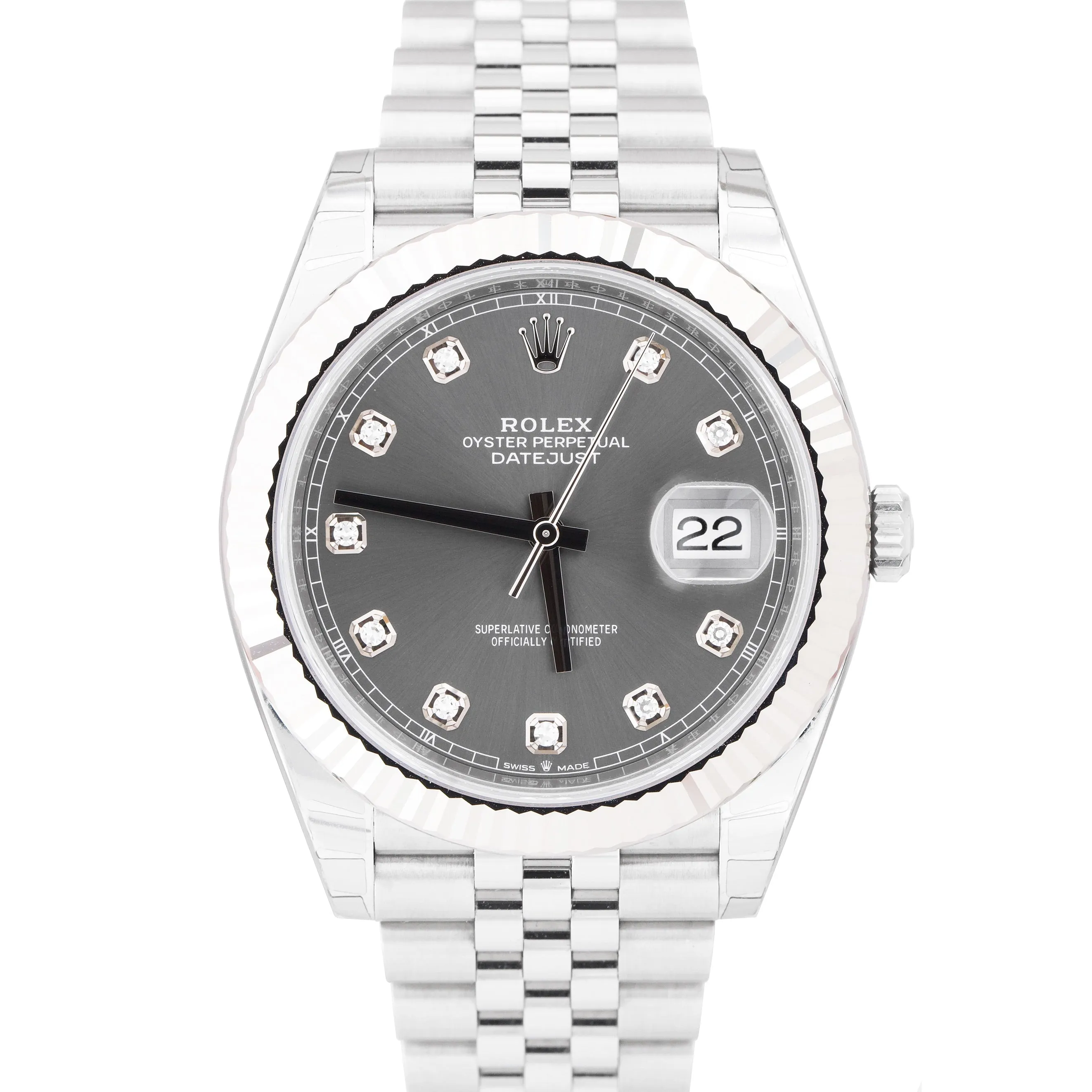 NEW 2020 STICKERED Rolex DateJust 41 Fluted Rhodium Diamond Jubilee Watch 126334