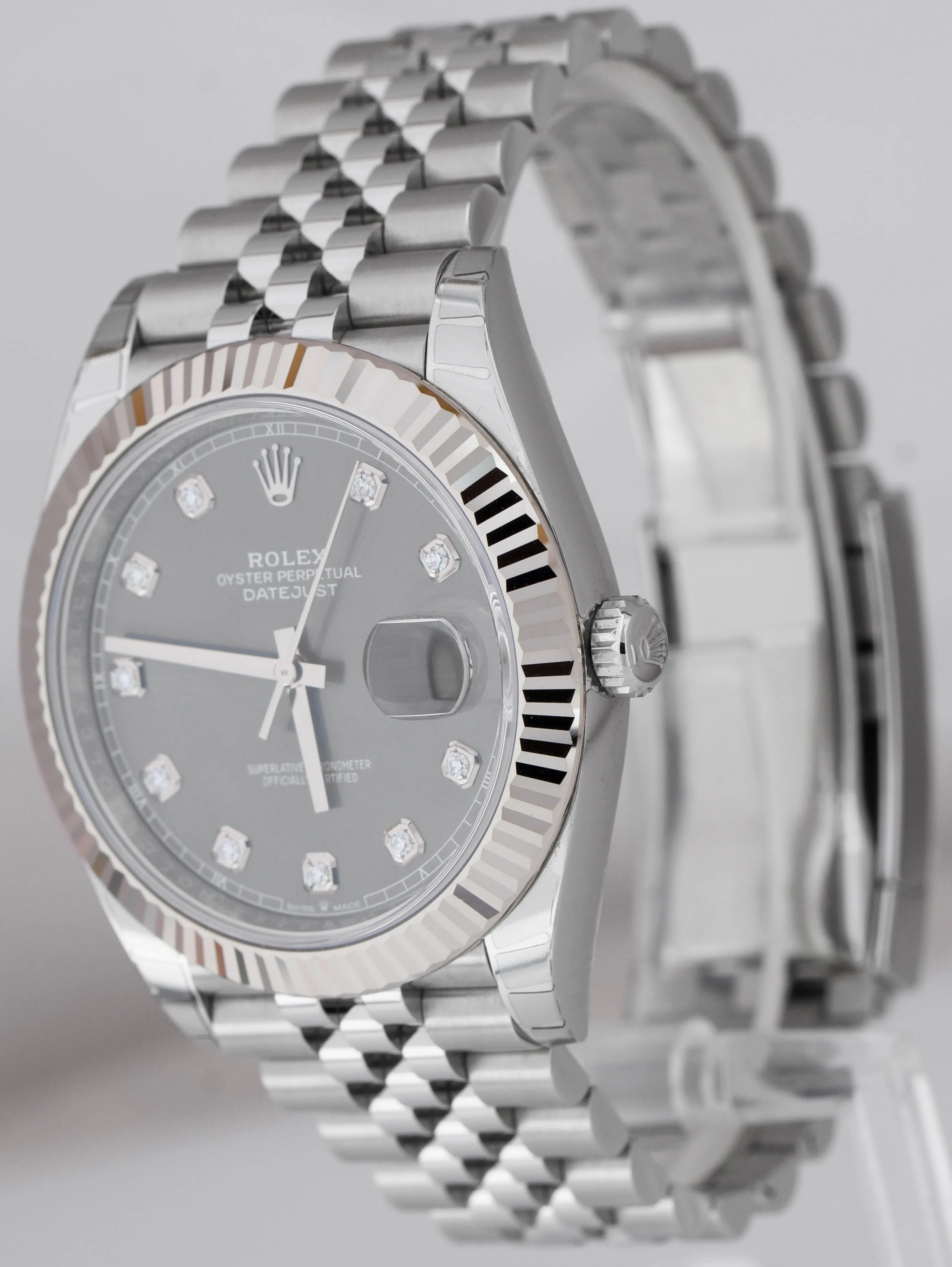 NEW 2020 STICKERED Rolex DateJust 41 Fluted Rhodium Diamond Jubilee Watch 126334