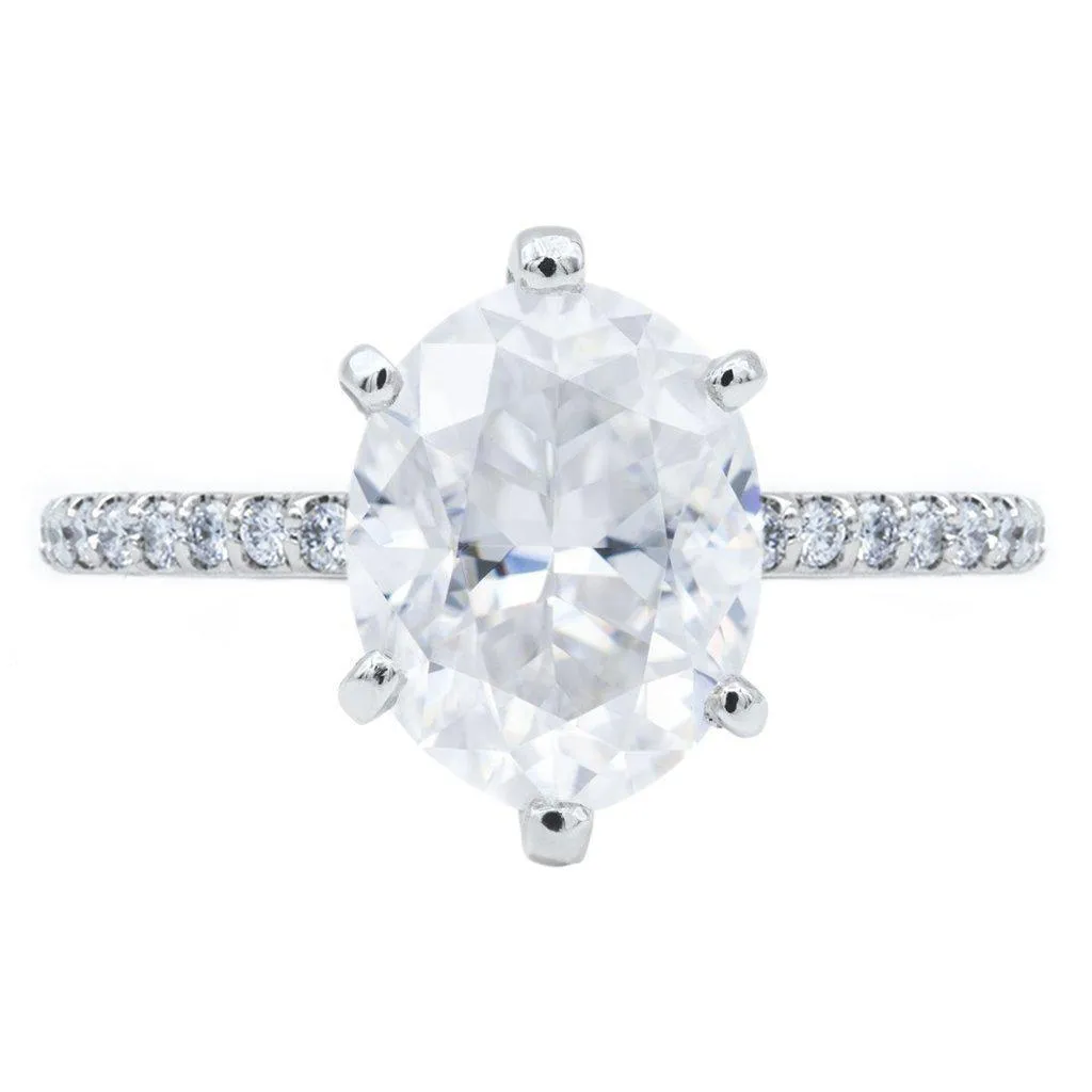 Oval Crushed Ice Moissanite 6 Prongs Diamond Accent Ice Solitaire Ring
