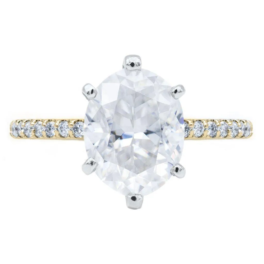 Oval Crushed Ice Moissanite 6 Prongs Diamond Accent Ice Solitaire Ring