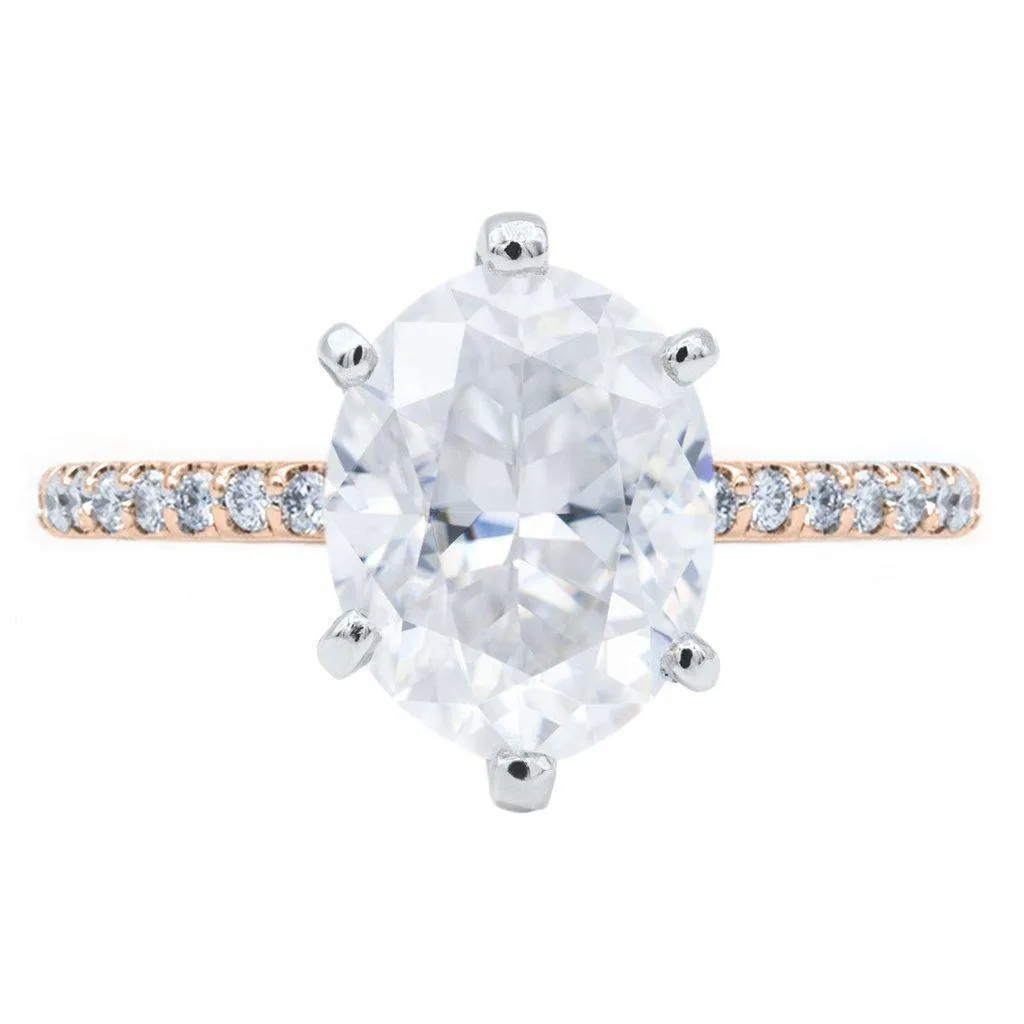 Oval Crushed Ice Moissanite 6 Prongs Diamond Accent Ice Solitaire Ring