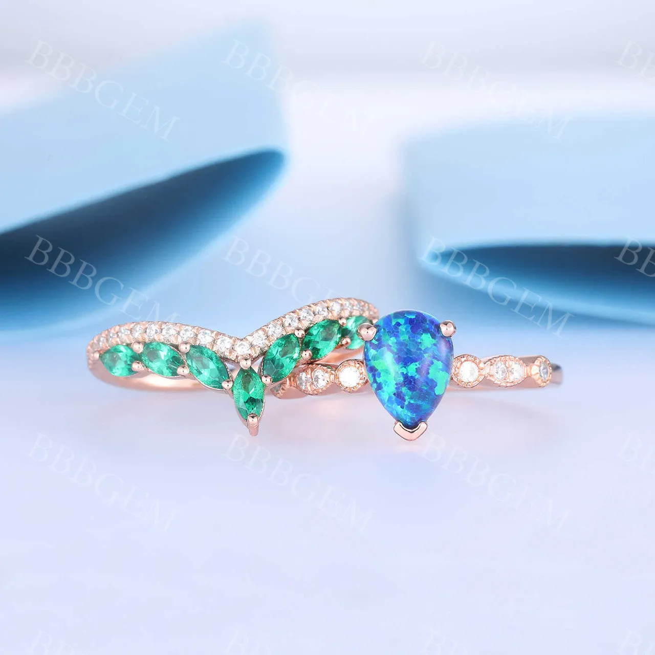 Pear Cut Black Opal  Engagement Ring Diamond Crown Chervon Eternity  Band Set