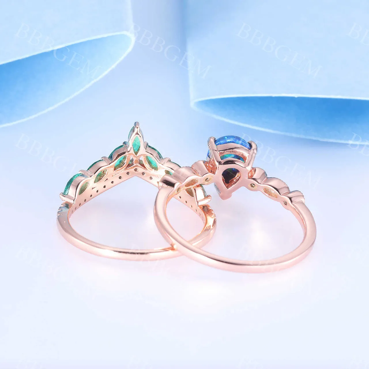 Pear Cut Black Opal  Engagement Ring Diamond Crown Chervon Eternity  Band Set