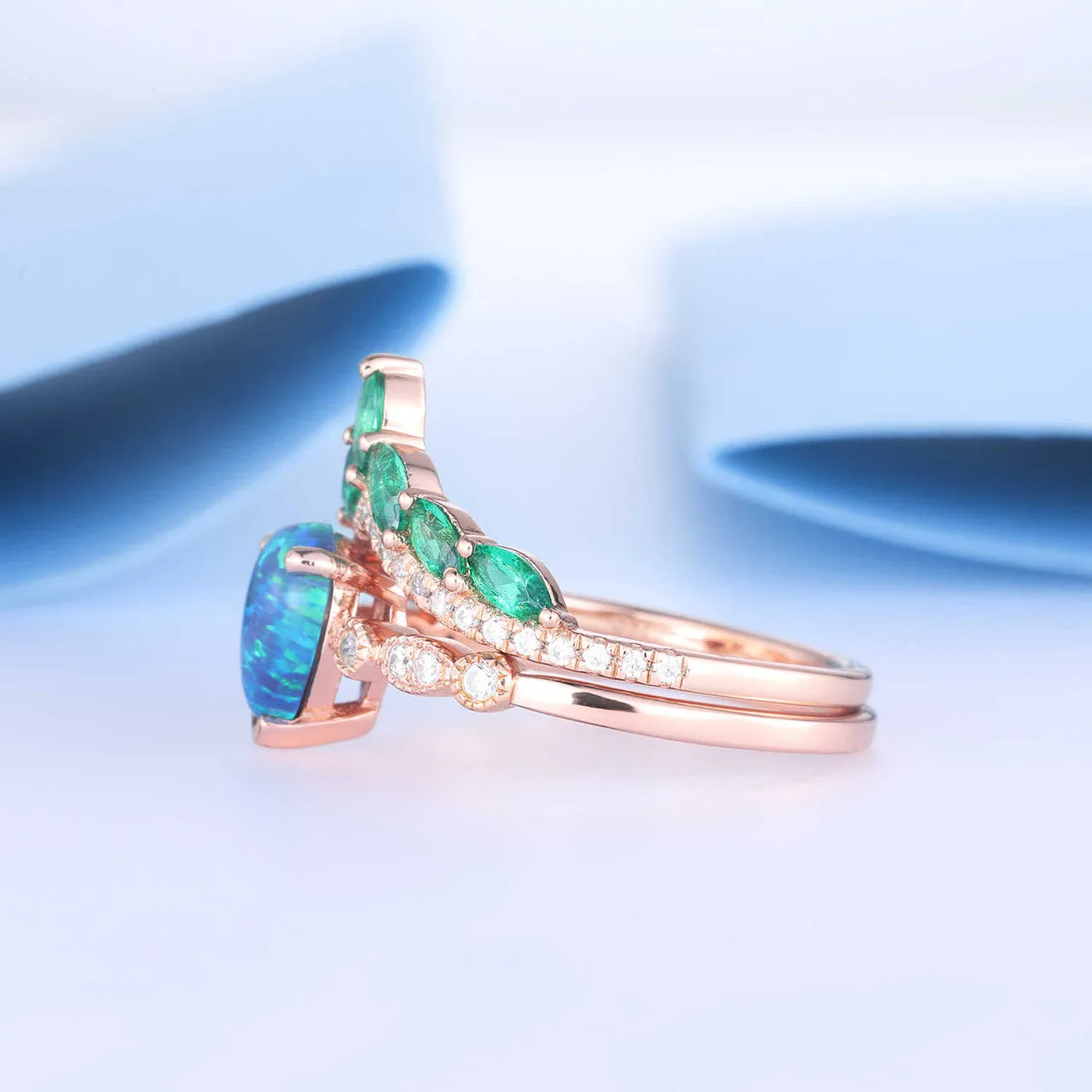 Pear Cut Black Opal  Engagement Ring Diamond Crown Chervon Eternity  Band Set