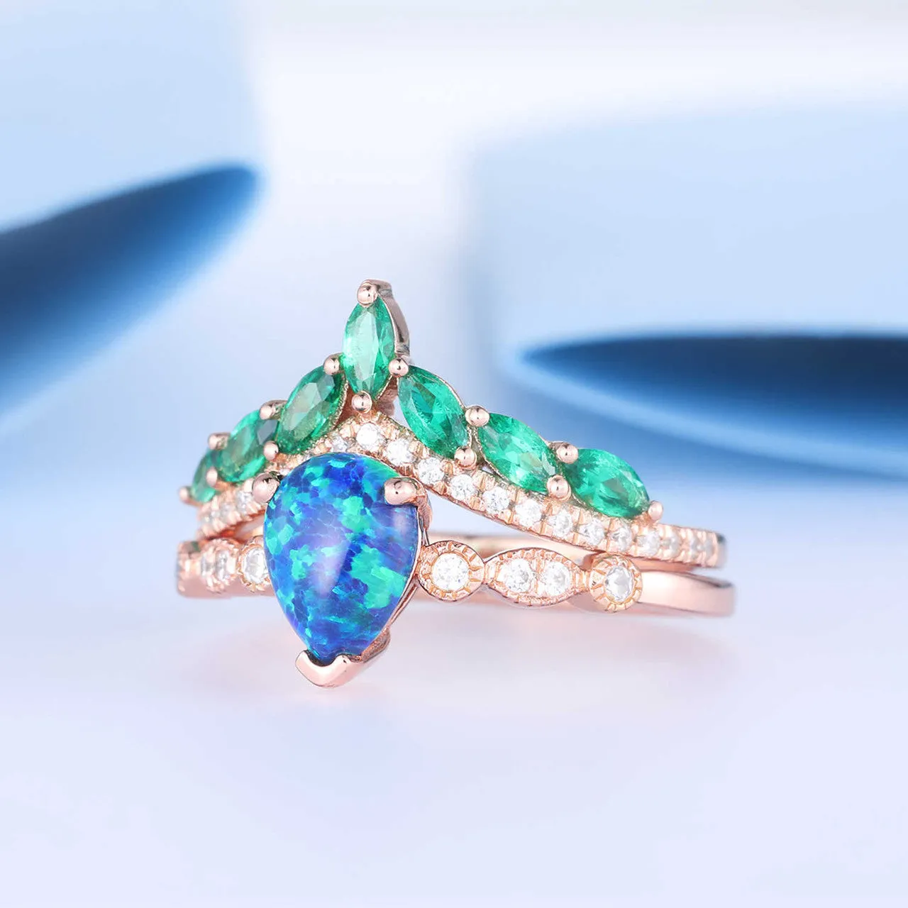 Pear Cut Black Opal  Engagement Ring Diamond Crown Chervon Eternity  Band Set
