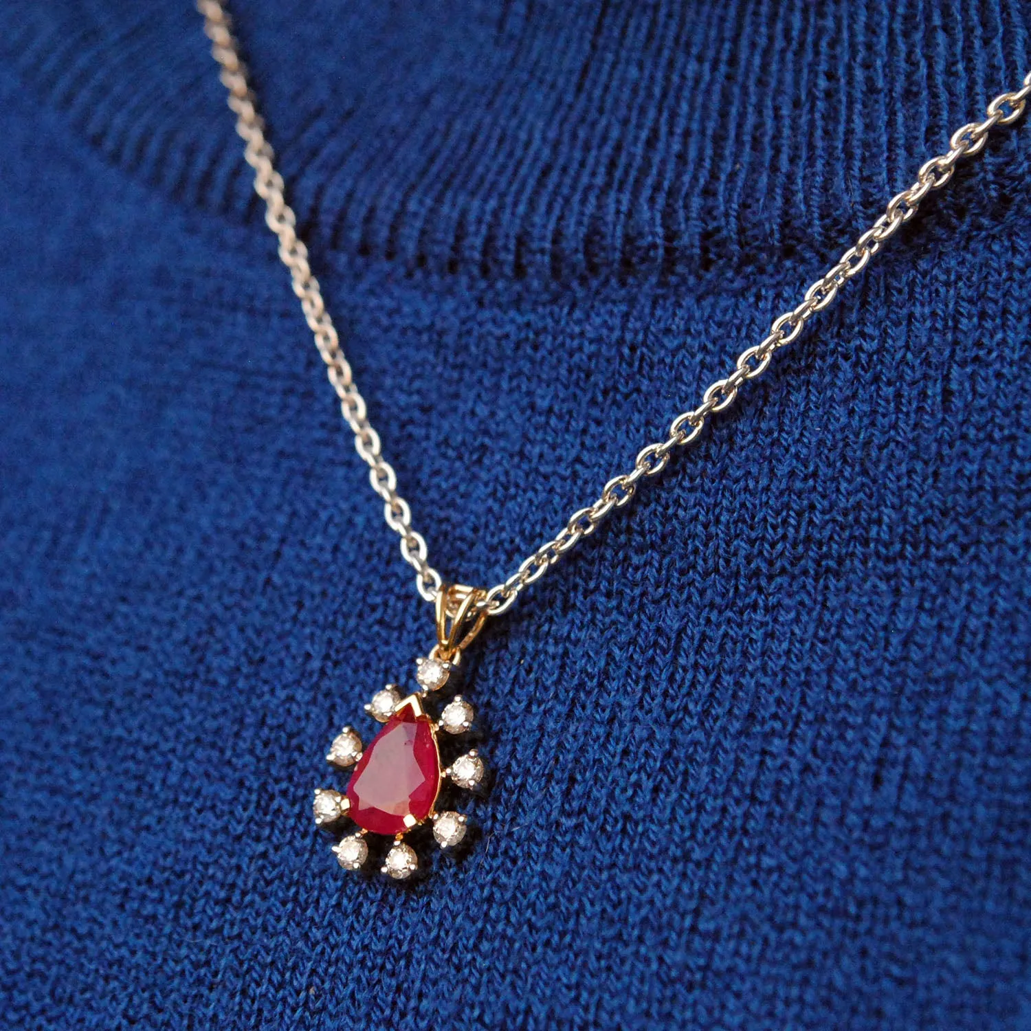 Pear Shaped Ruby and Diamond Halo Pendant in 14K Solid Gold