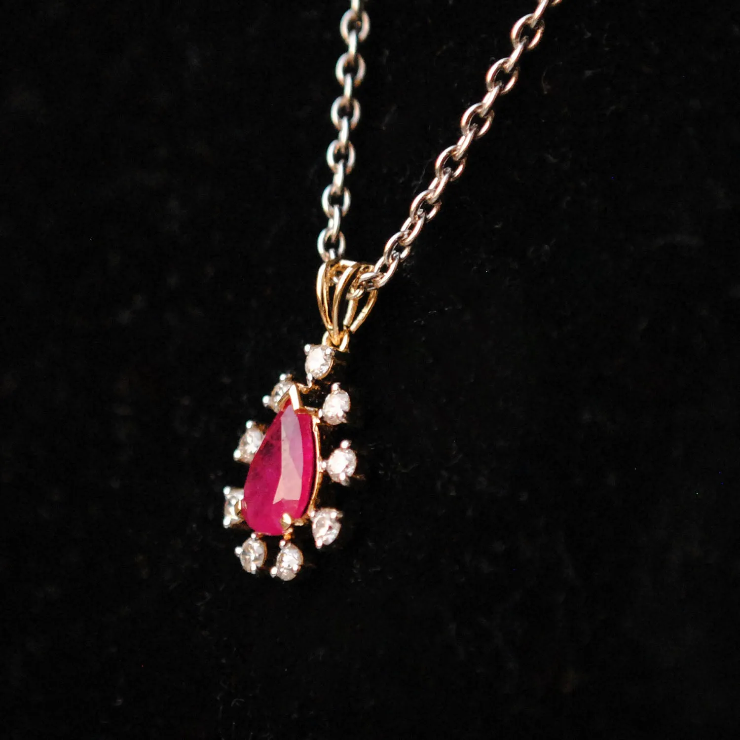 Pear Shaped Ruby and Diamond Halo Pendant in 14K Solid Gold