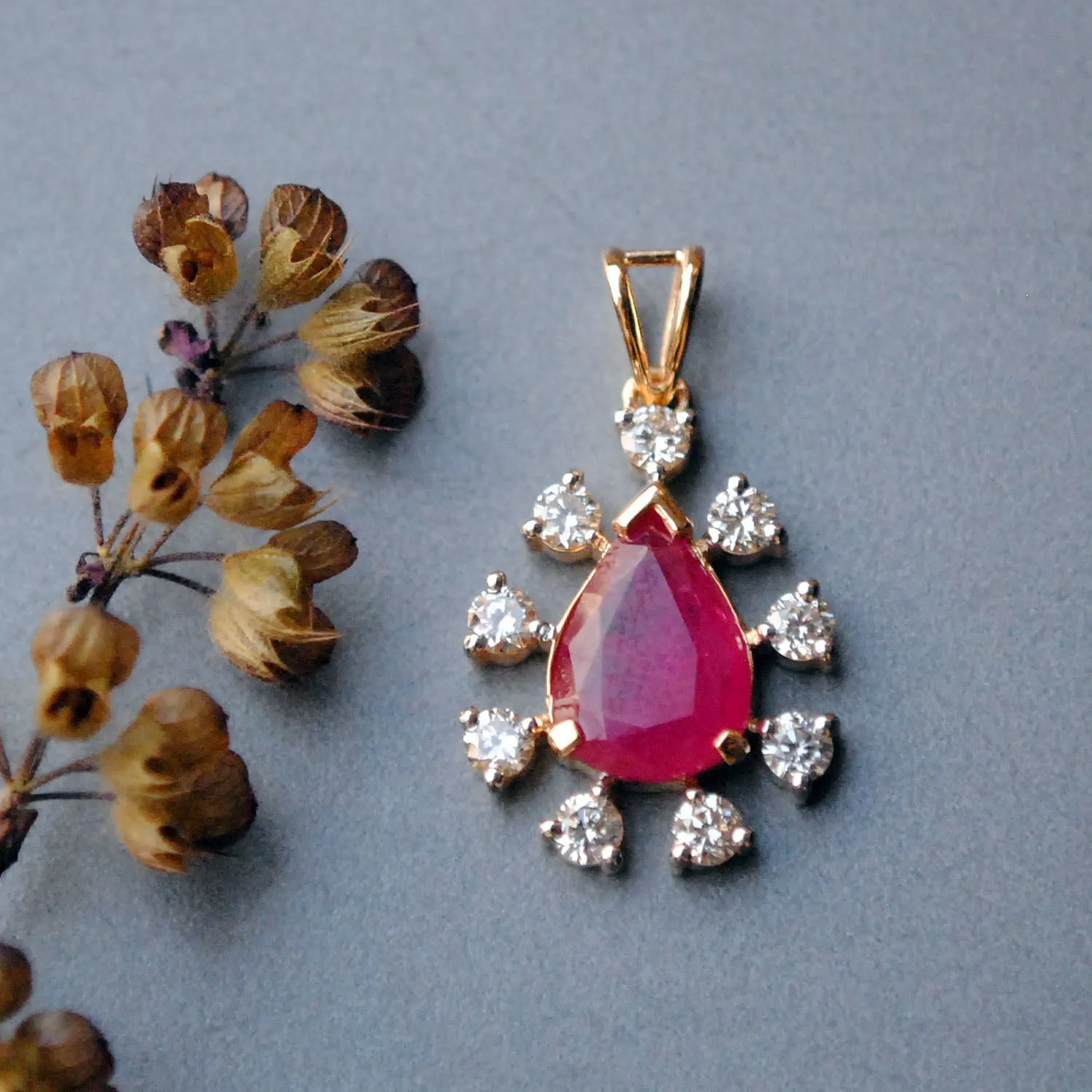 Pear Shaped Ruby and Diamond Halo Pendant in 14K Solid Gold