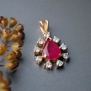 Pear Shaped Ruby and Diamond Halo Pendant in 14K Solid Gold