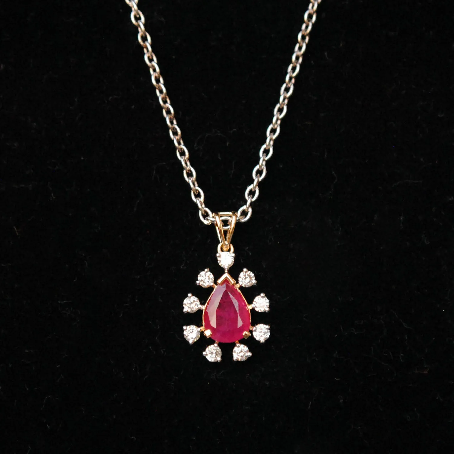 Pear Shaped Ruby and Diamond Halo Pendant in 14K Solid Gold